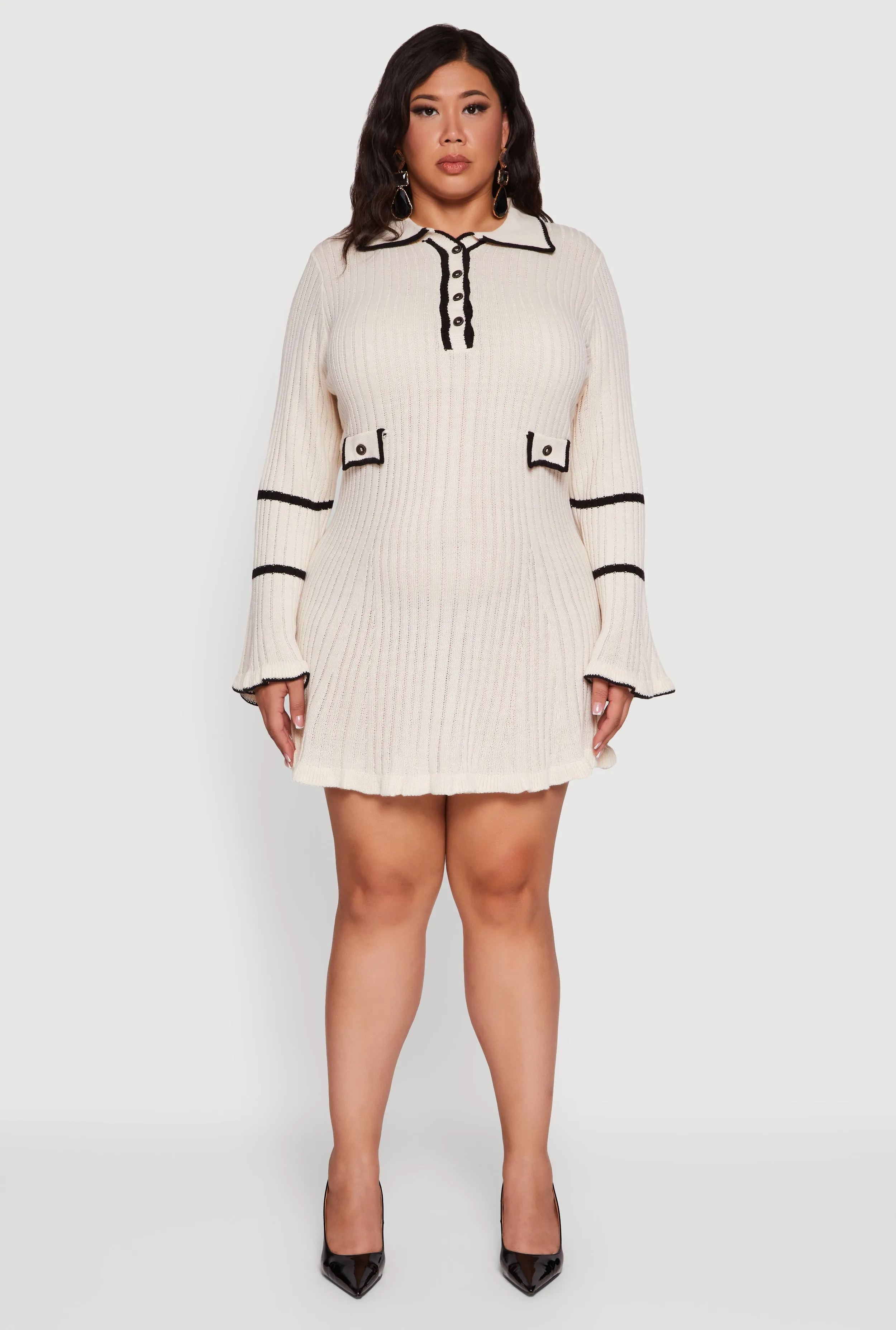 Plus Size Rib Knit Contrast Trim Polo Sweater Dress sold by Rainbow product image thumbnail 2