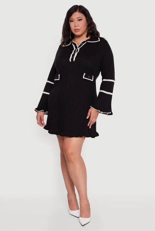 Plus Size Rib Knit Contrast Trim Polo Sweater Dress sold by Rainbow