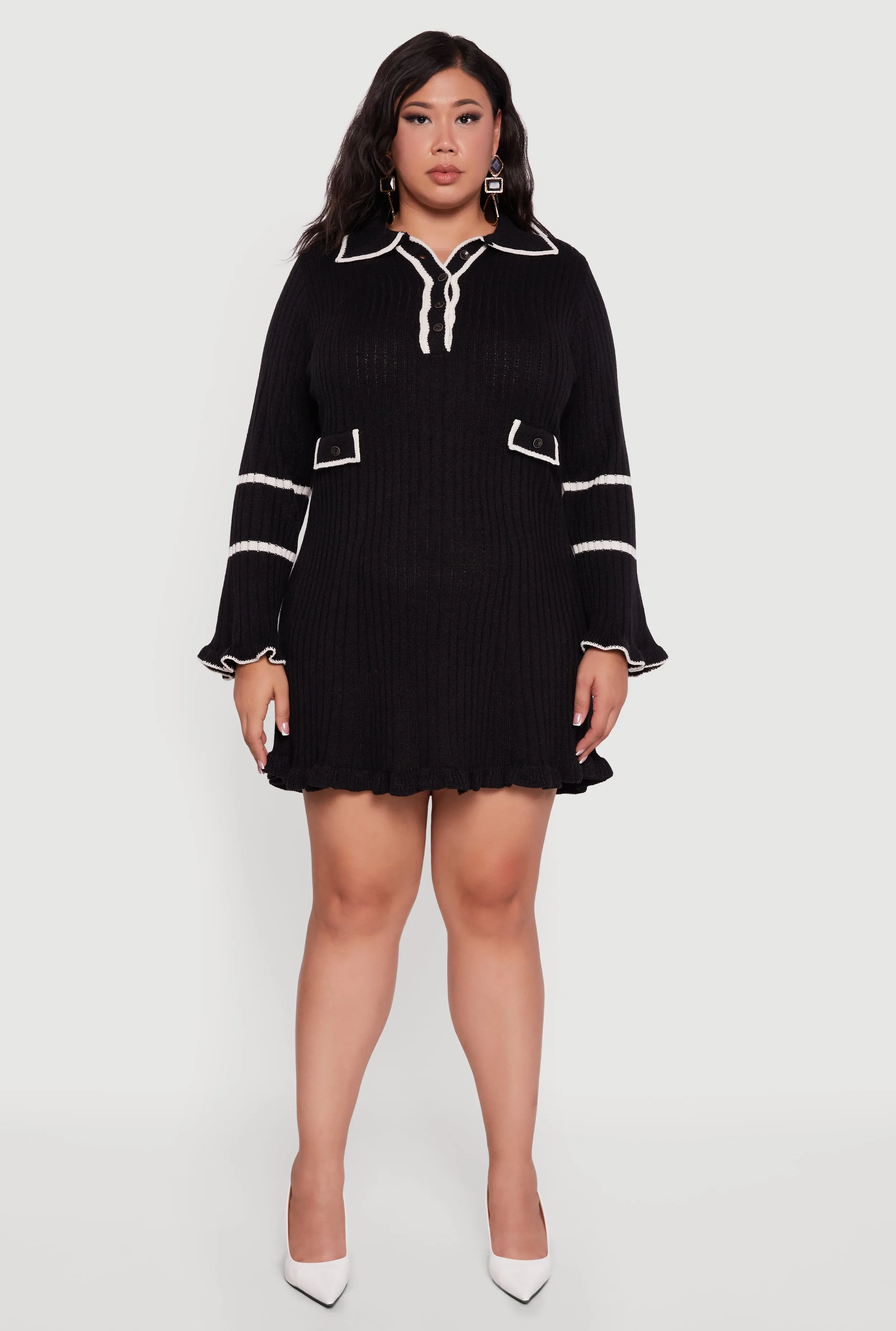 Plus Size Rib Knit Contrast Trim Polo Sweater Dress sold by Rainbow product image thumbnail 2