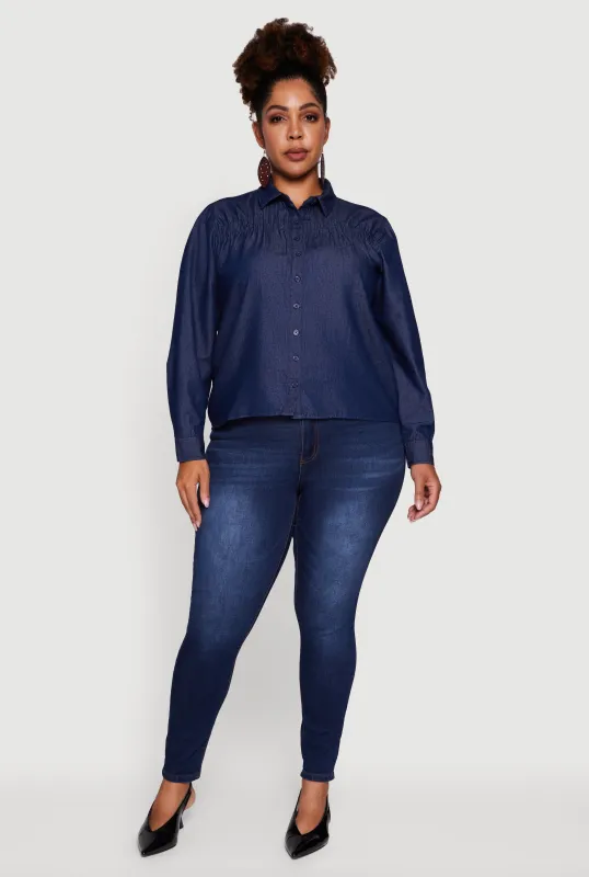Plus Size Chambray Ruched Long Sleeve Button Front Shirt sold by Rainbow