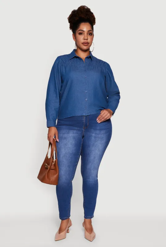 Plus Size Chambray Ruched Long Sleeve Button Front Shirt sold by Rainbow