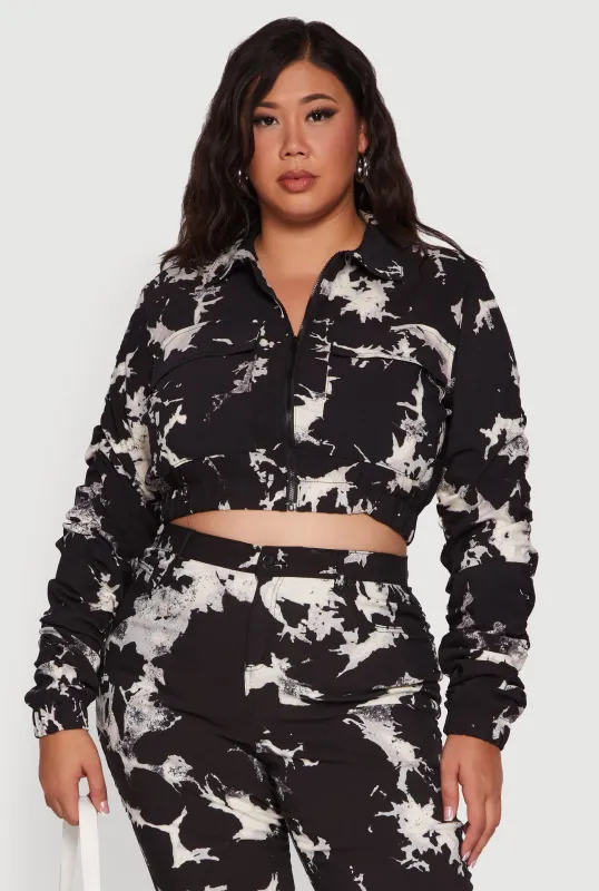 Plus Size Side Ruched Patterned Zip Front Cropped Jacket sold by Rainbow