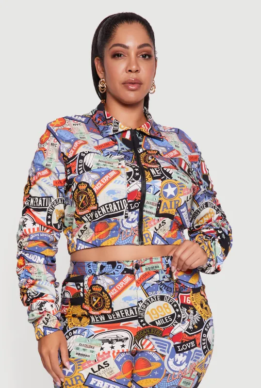 Plus Size Side Ruched Patterned Zip Front Cropped Jacket sold by Rainbow