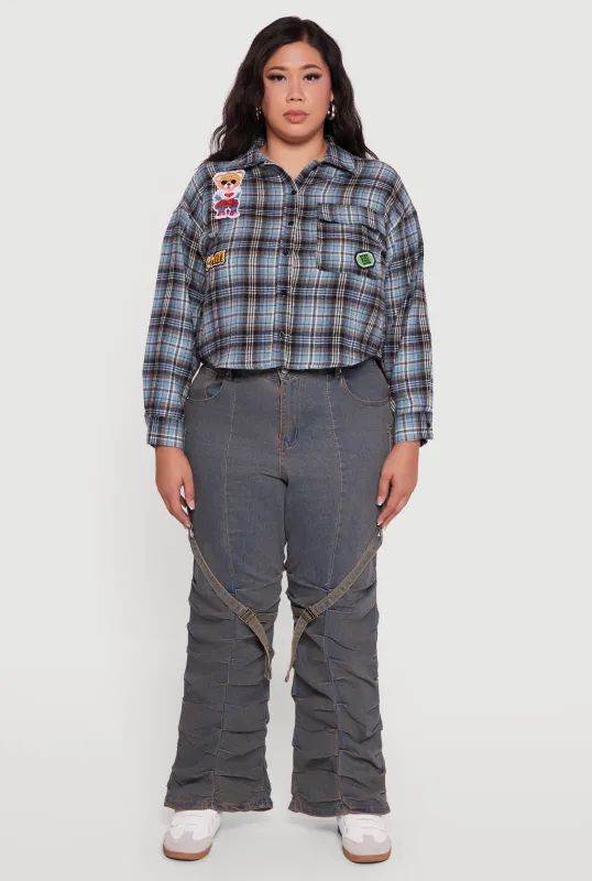 Plus Size Plaid Flannel Patch Detail Cropped Shirt sold by Rainbow