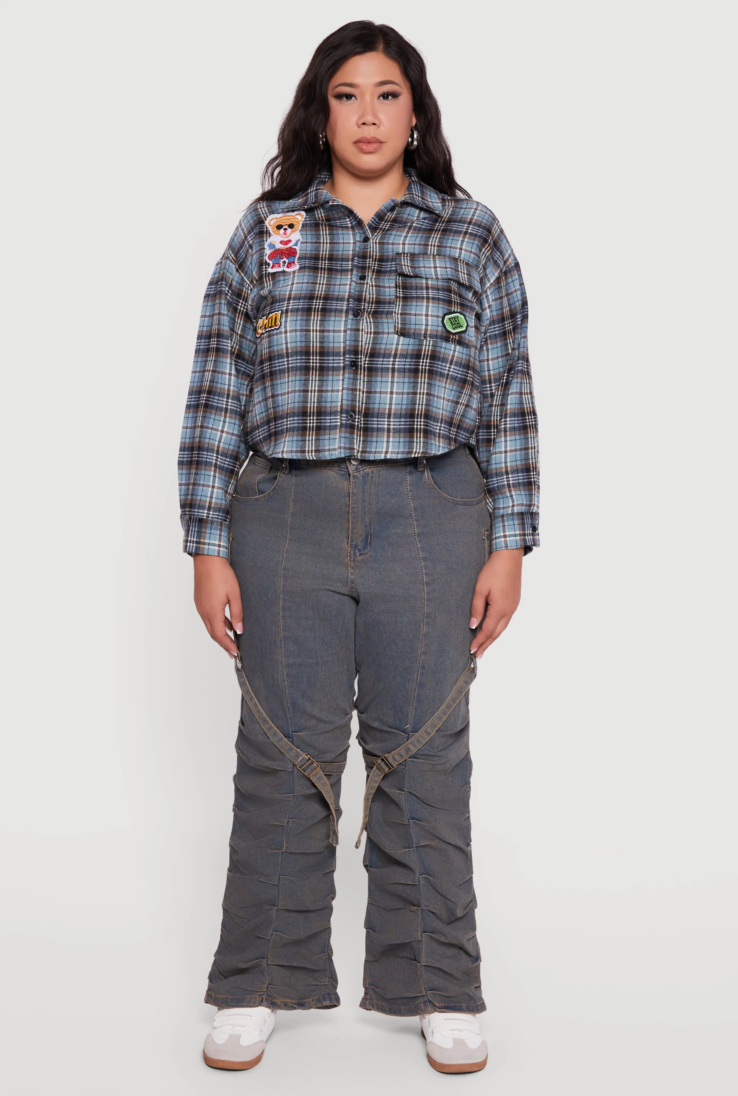 Plus Size Plaid Flannel Patch Detail Cropped Shirt sold by Rainbow