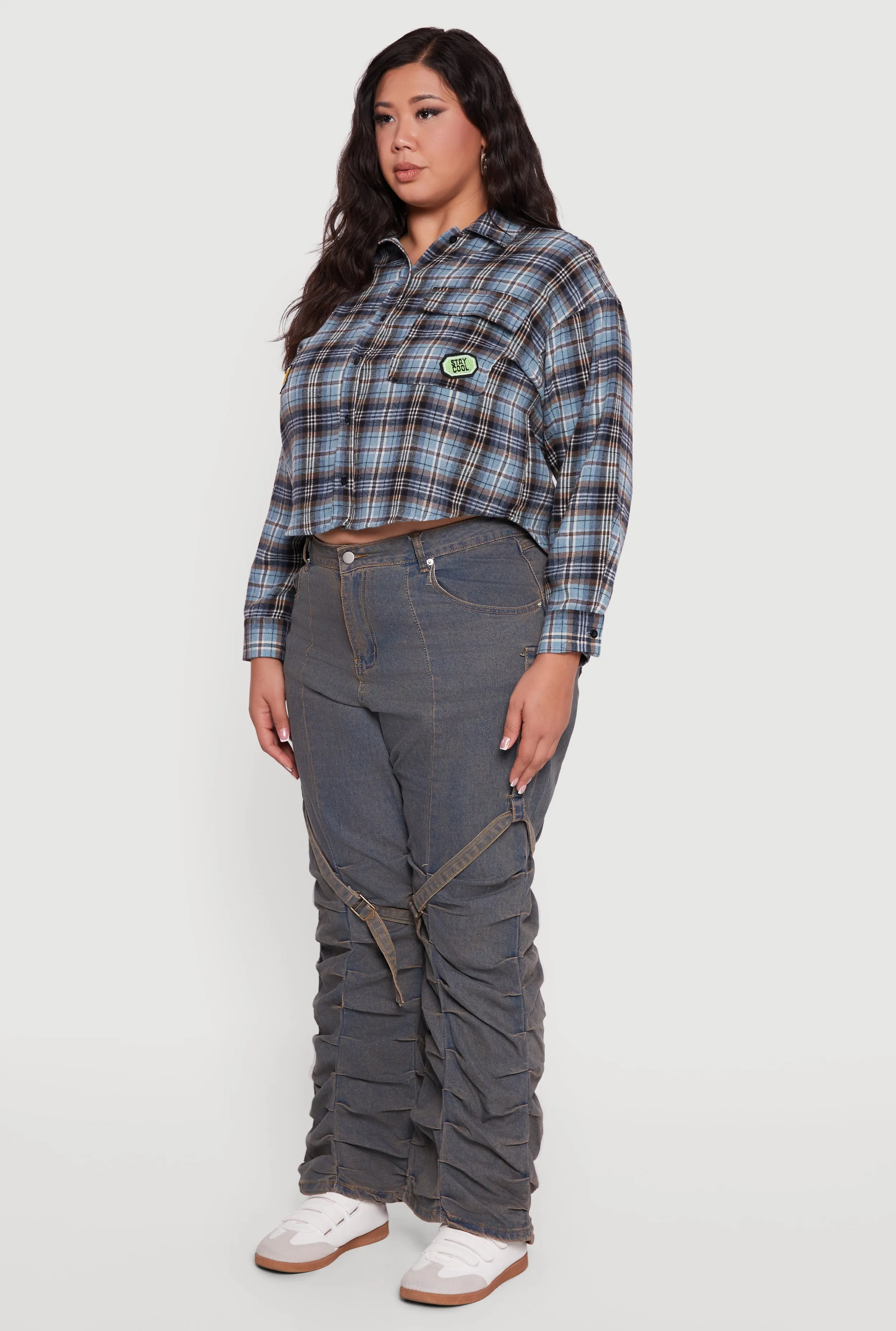 Plus Size Plaid Flannel Patch Detail Cropped Shirt sold by Rainbow product image thumbnail 5