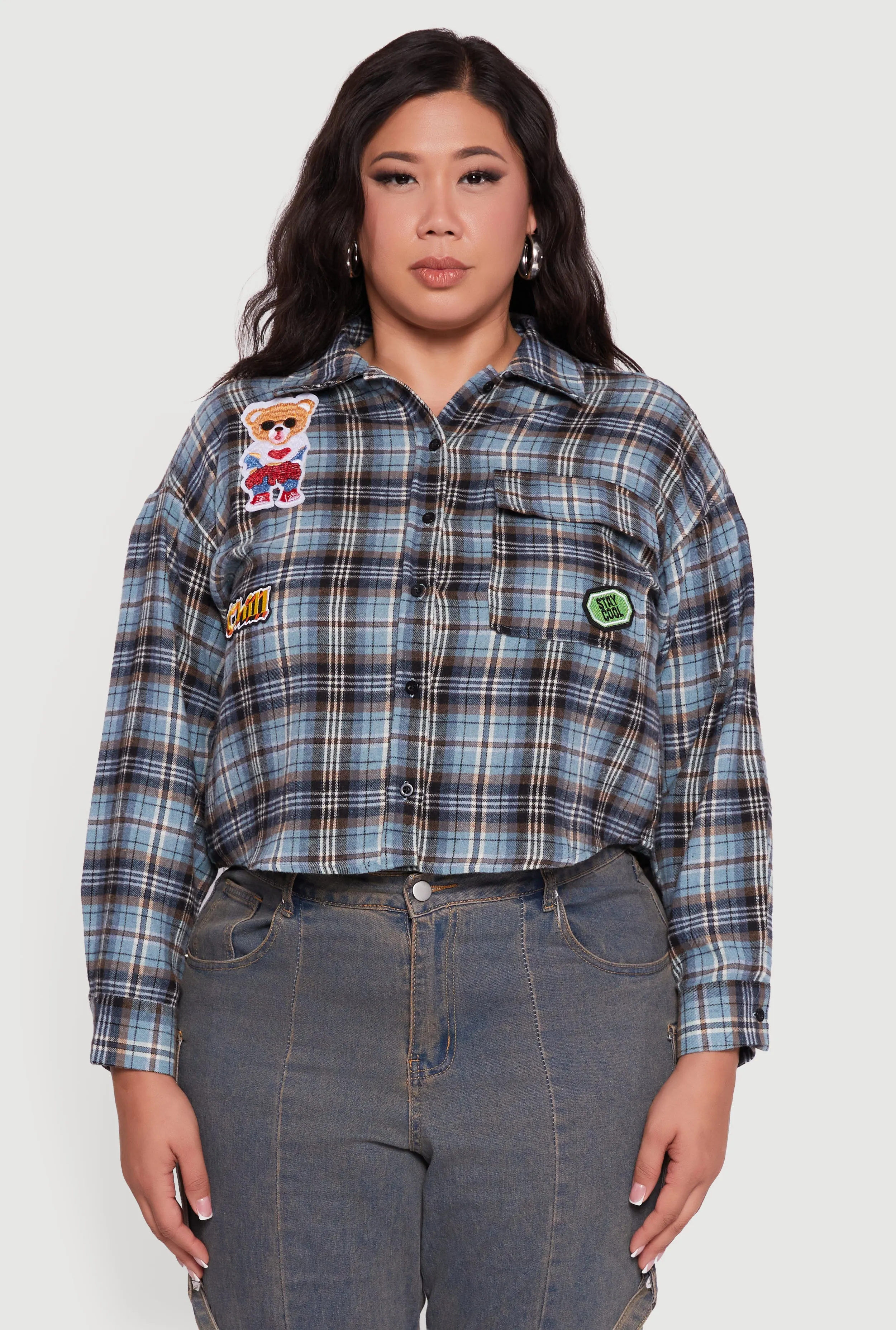 Plus Size Plaid Flannel Patch Detail Cropped Shirt sold by Rainbow product image thumbnail 2