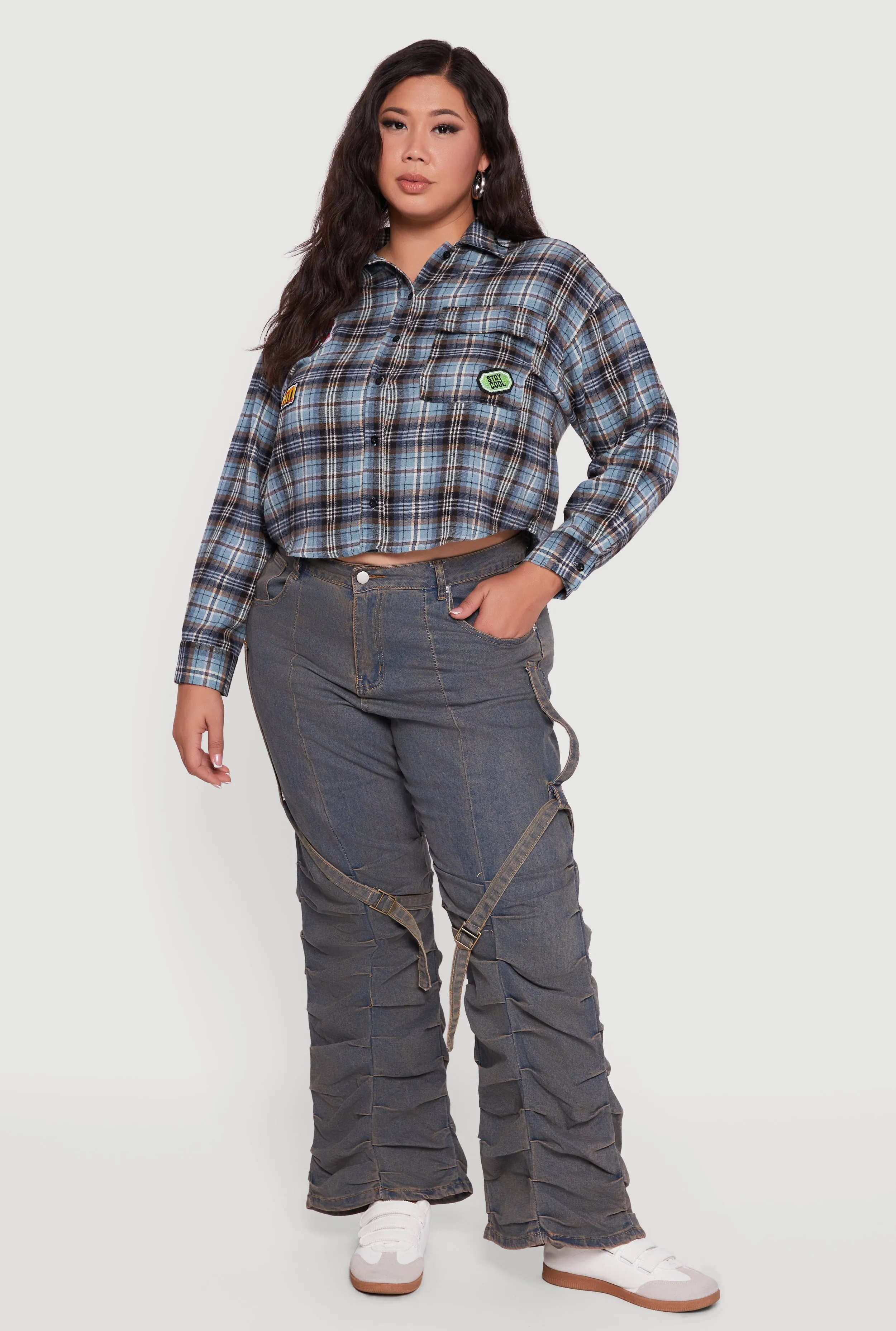 Plus Size Plaid Flannel Patch Detail Cropped Shirt sold by Rainbow product image thumbnail 3