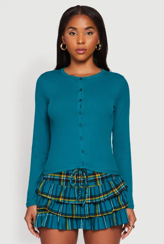 Rib Knit Button Front Long Sleeve Cardigan sold by Rainbow