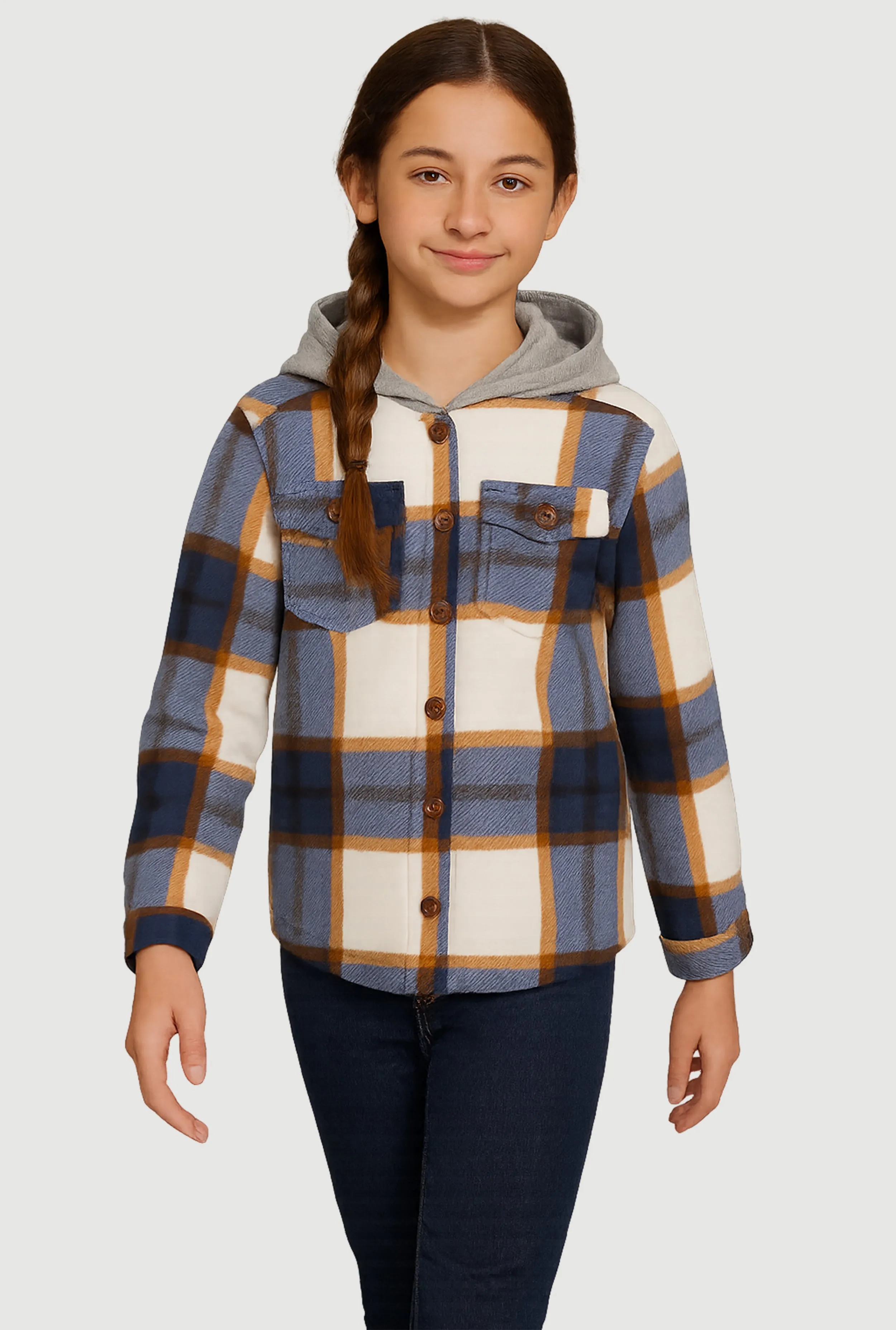 Girls Sherpa Lined Plaid Fleece Hooded Shacket sold by Rainbow