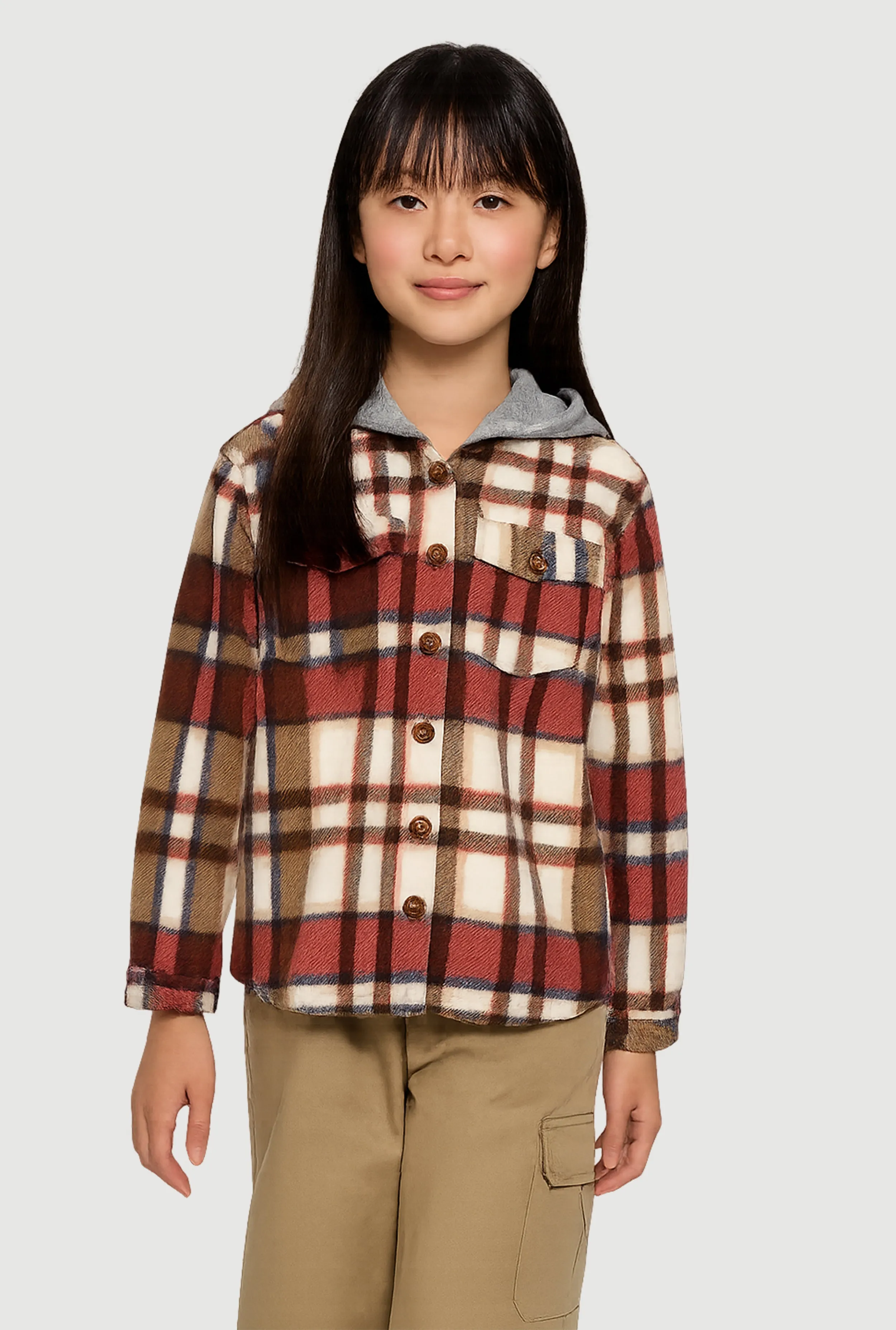 Girls Sherpa Lined Plaid Fleece Hooded Shacket sold by Rainbow product image thumbnail 2