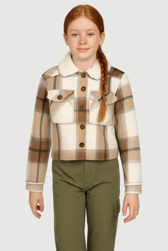Girls Sherpa Lined Brushed Fleece Plaid Shacket sold by Rainbow