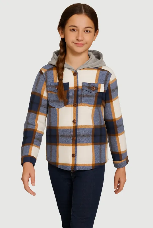 Girls Sherpa Lined Plaid Fleece Hooded Shacket sold by Rainbow