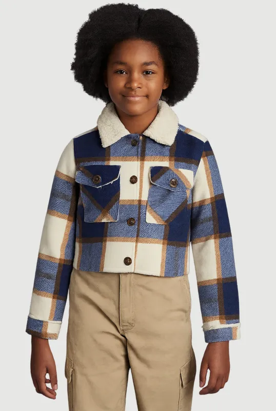 Girls Sherpa Lined Brushed Fleece Plaid Shacket sold by Rainbow