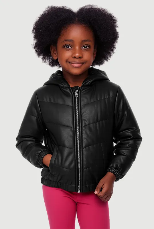 Little Girls Zip Front Faux Leather Puffer Jacket sold by Rainbow