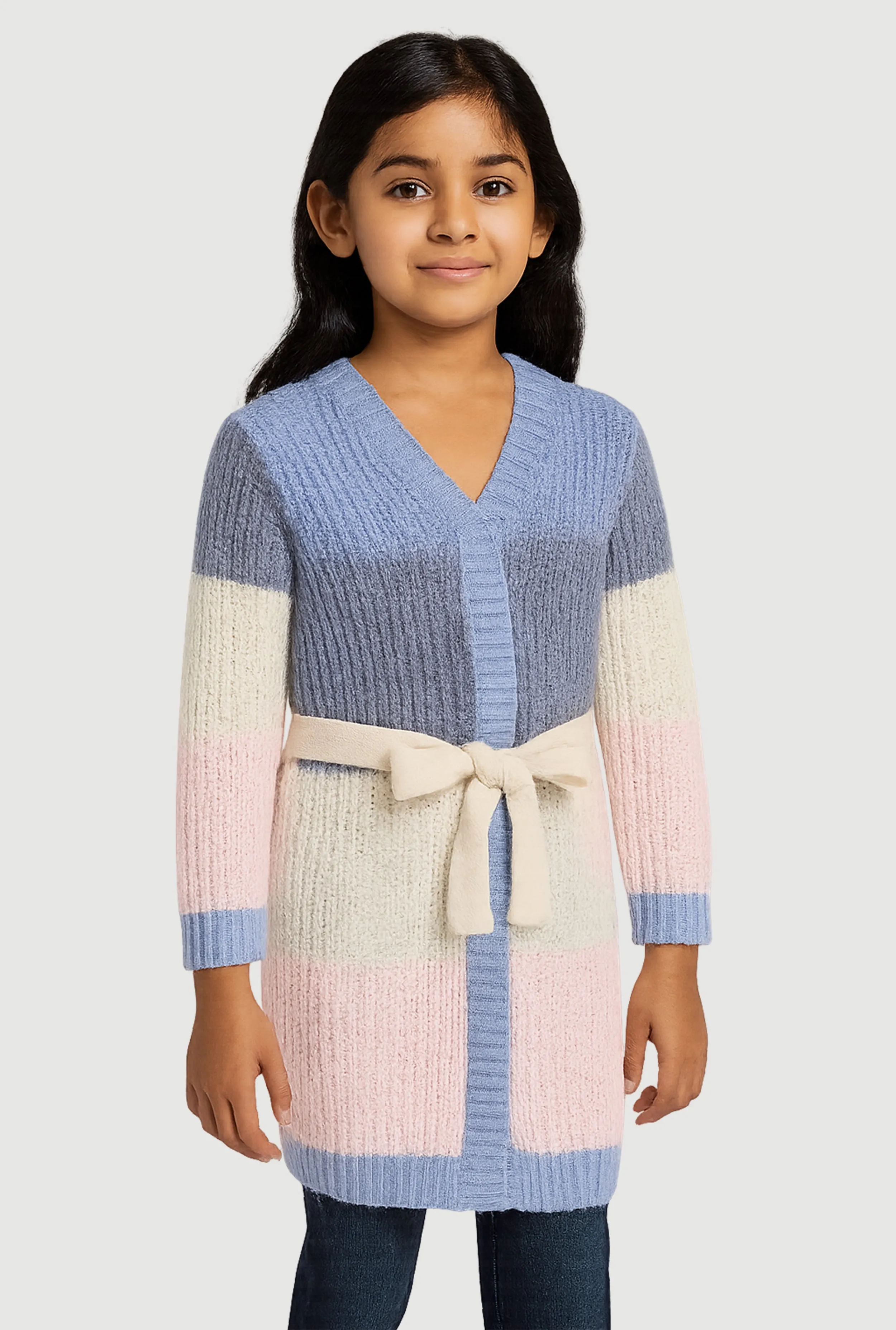 Little Girls Color Block Long Cardigan with Tie Waist Belt sold by Rainbow