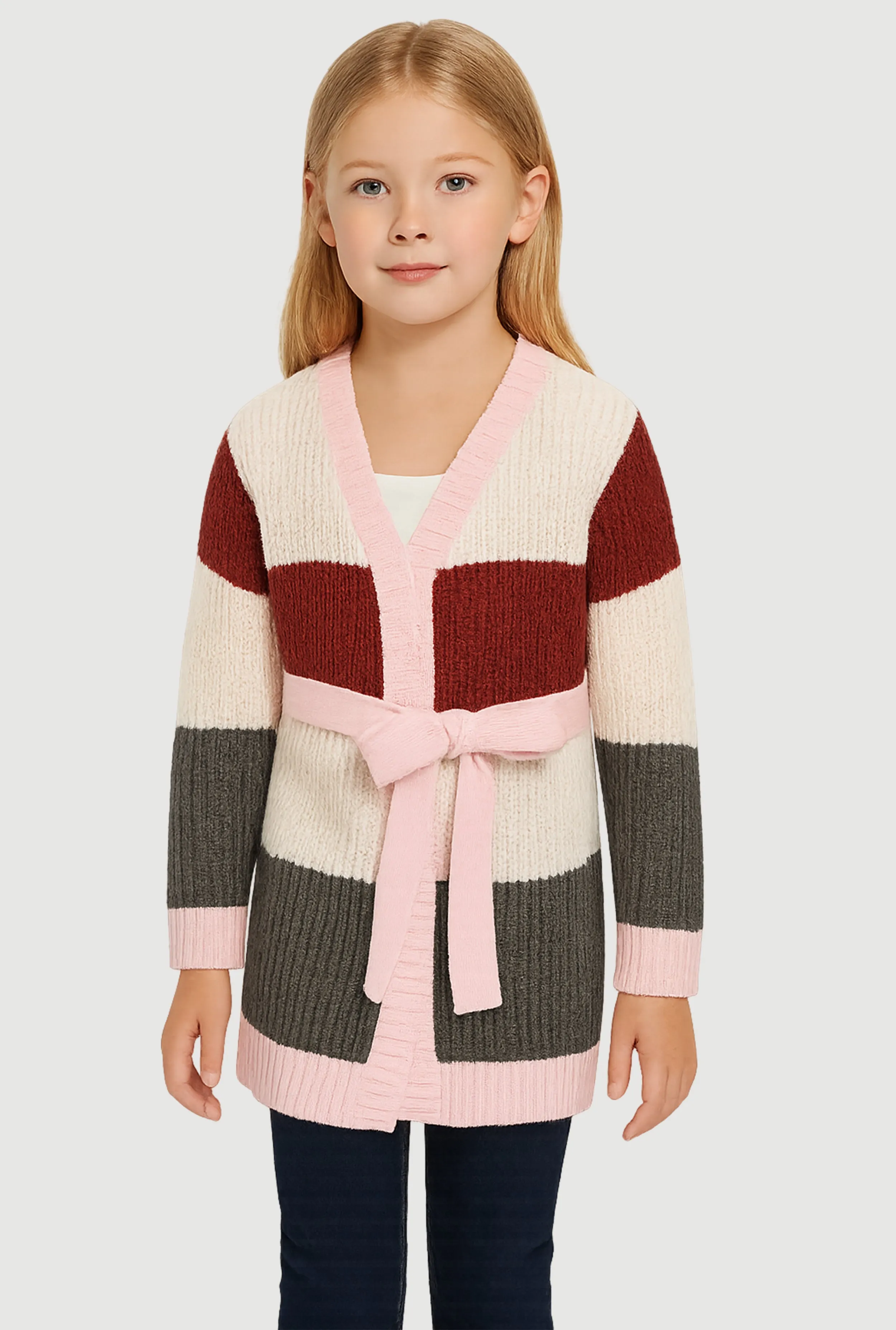 Little Girls Color Block Long Cardigan with Tie Waist Belt sold by Rainbow product image thumbnail 2