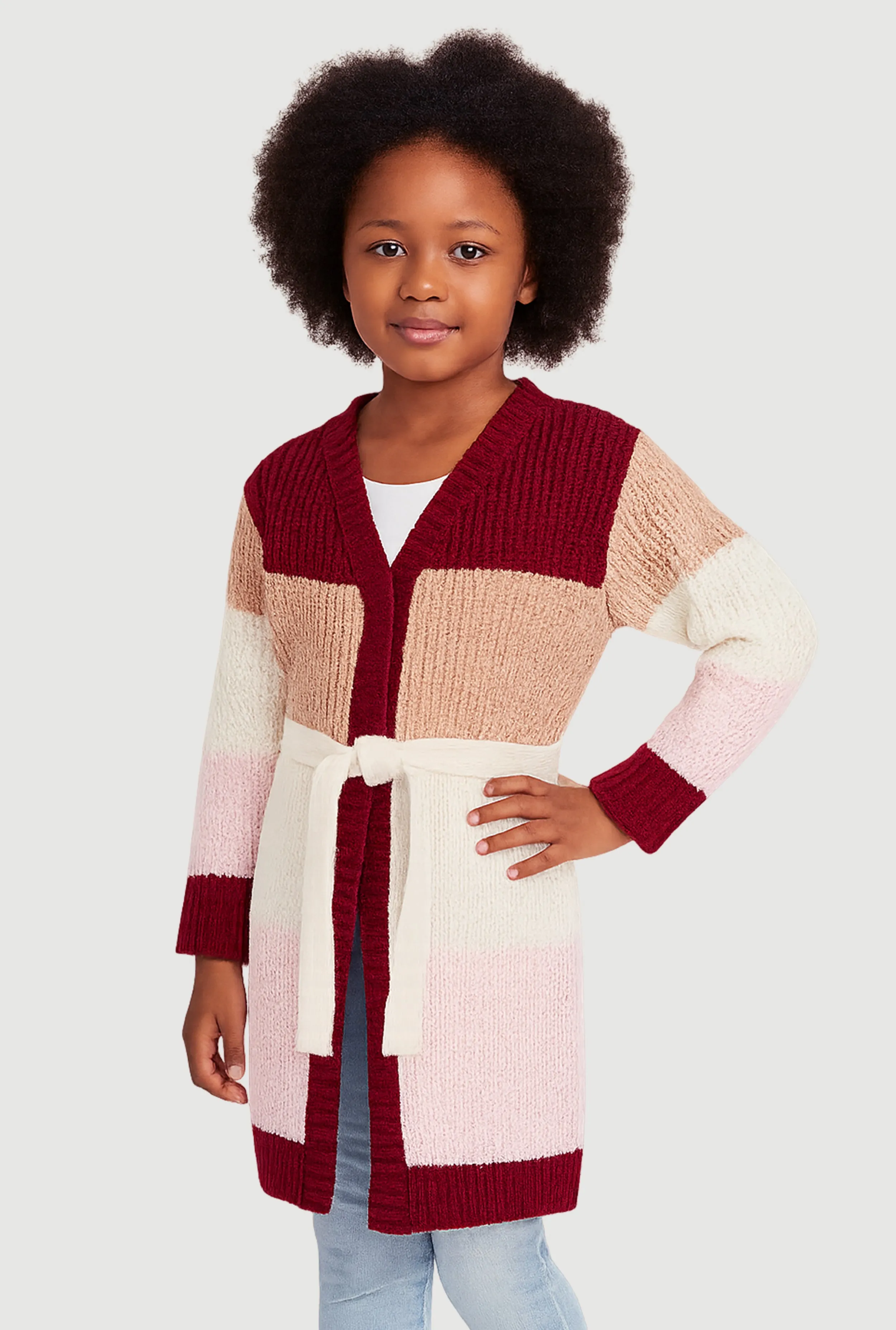 Little Girls Color Block Long Cardigan with Tie Waist Belt sold by Rainbow product image thumbnail 3