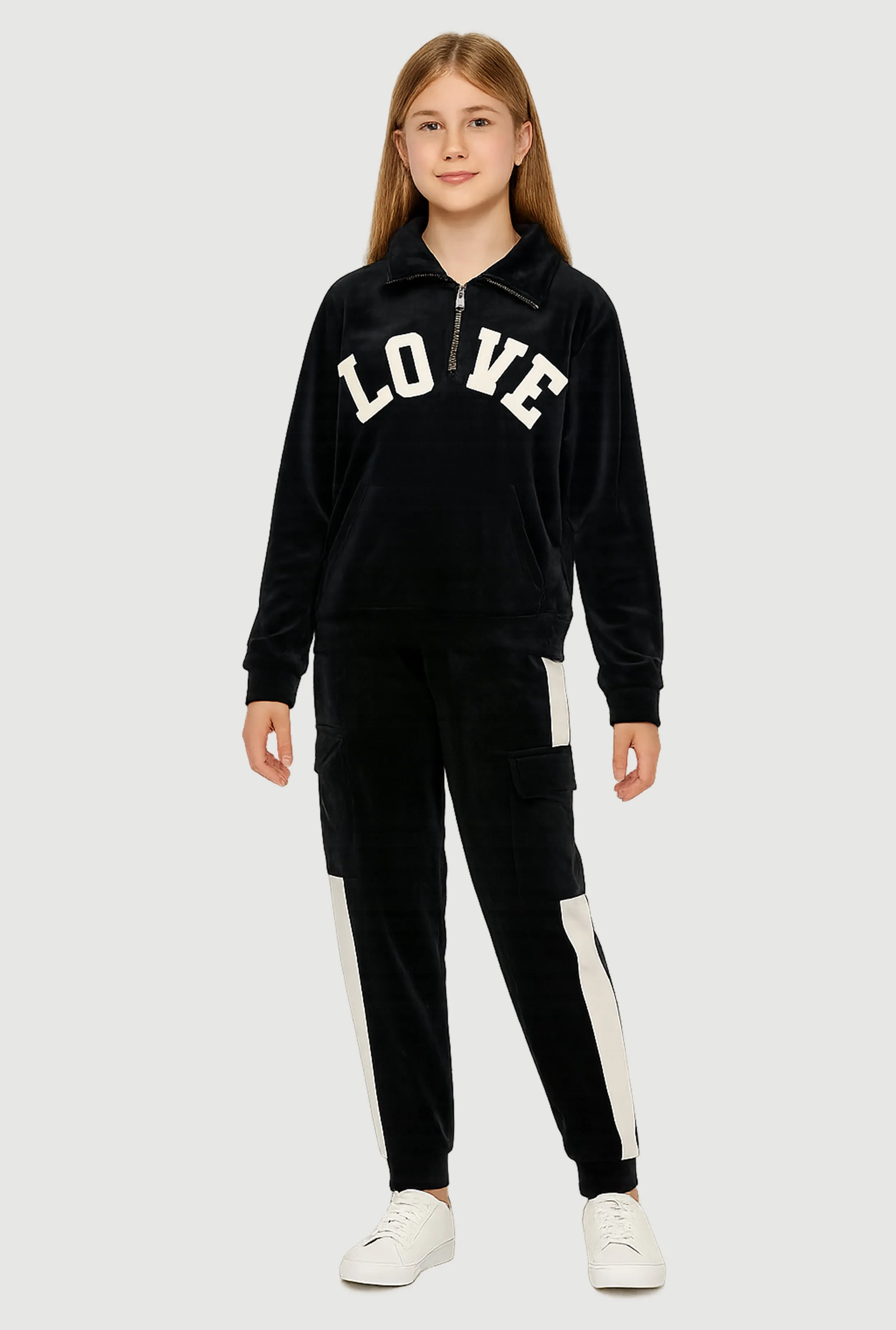 Girls Velour Love Graphic Sweatshirt and Cargo Joggers sold by Rainbow