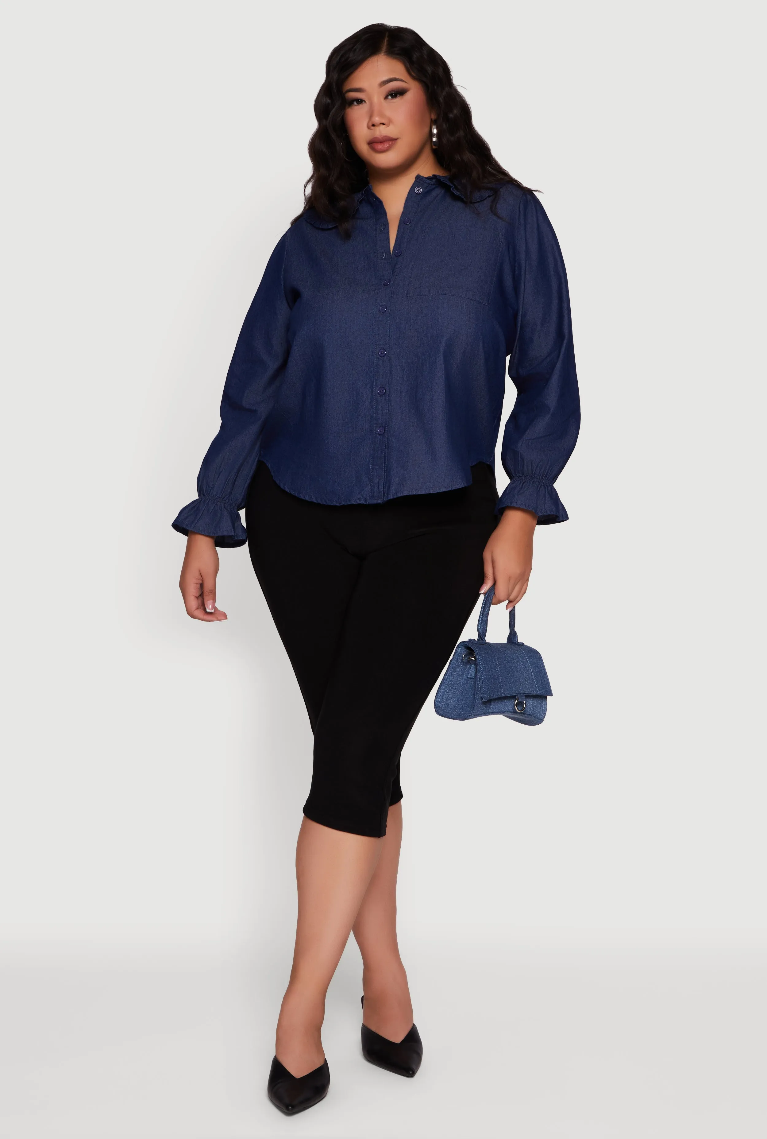 Plus Size Chambray Bell Sleeve Button Front Shirt sold by Rainbow product image thumbnail 2