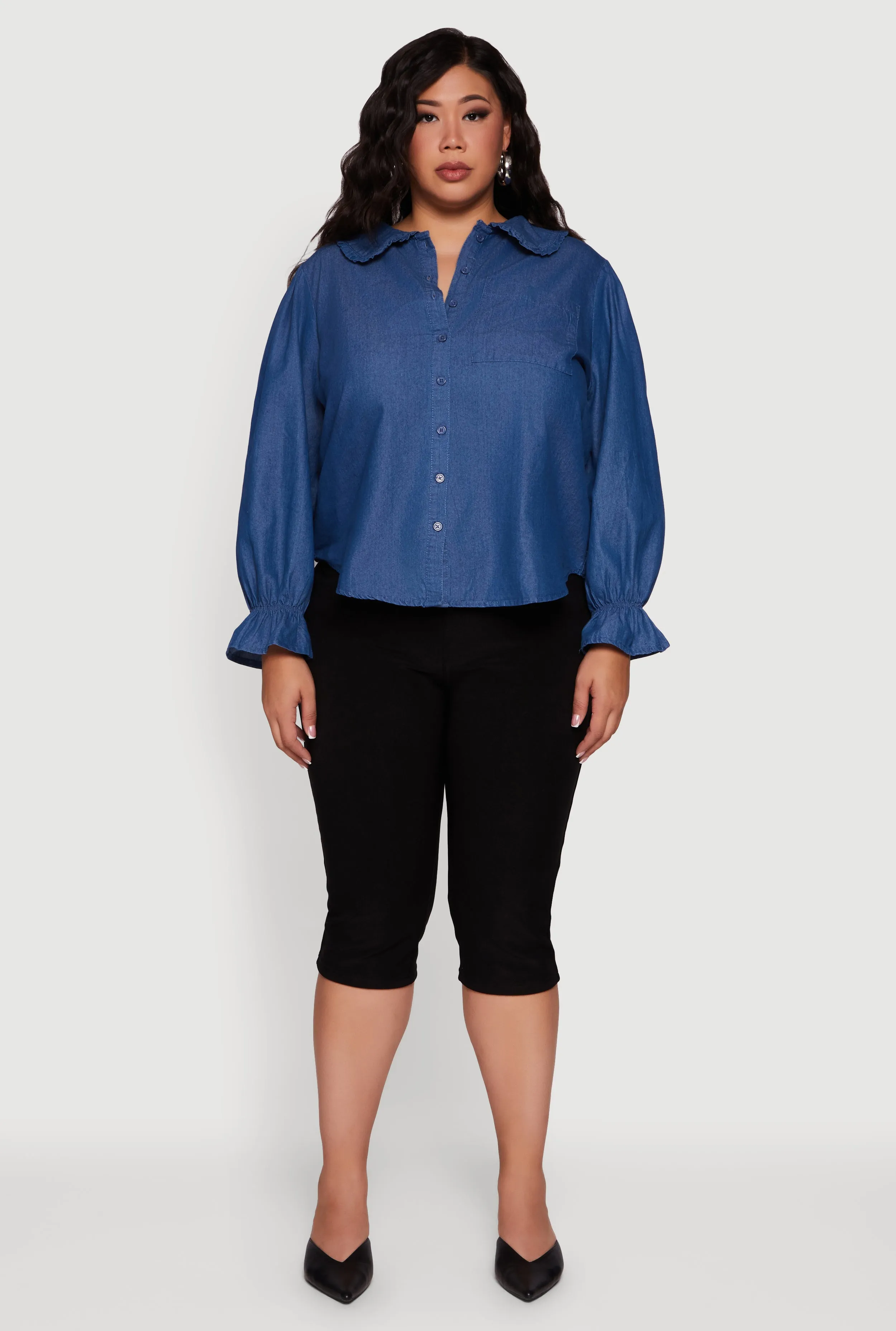 Plus Size Chambray Bell Sleeve Button Front Shirt sold by Rainbow product image thumbnail 3