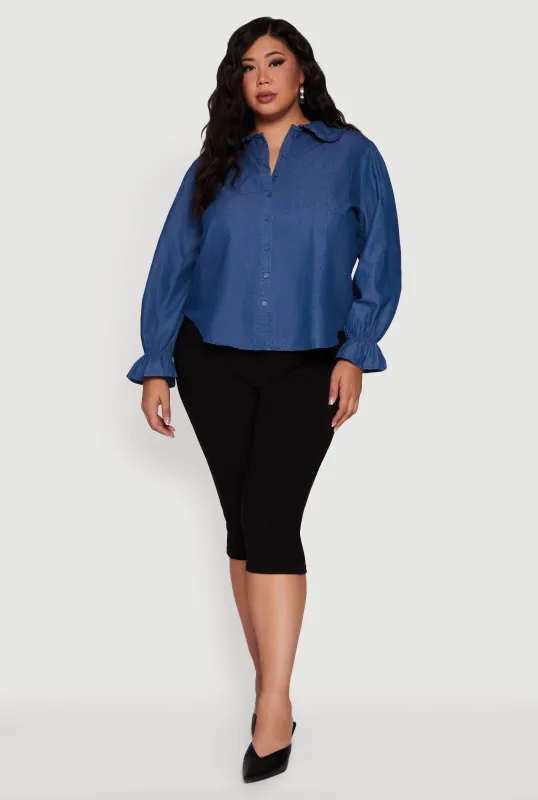 Plus Size Chambray Bell Sleeve Button Front Shirt sold by Rainbow