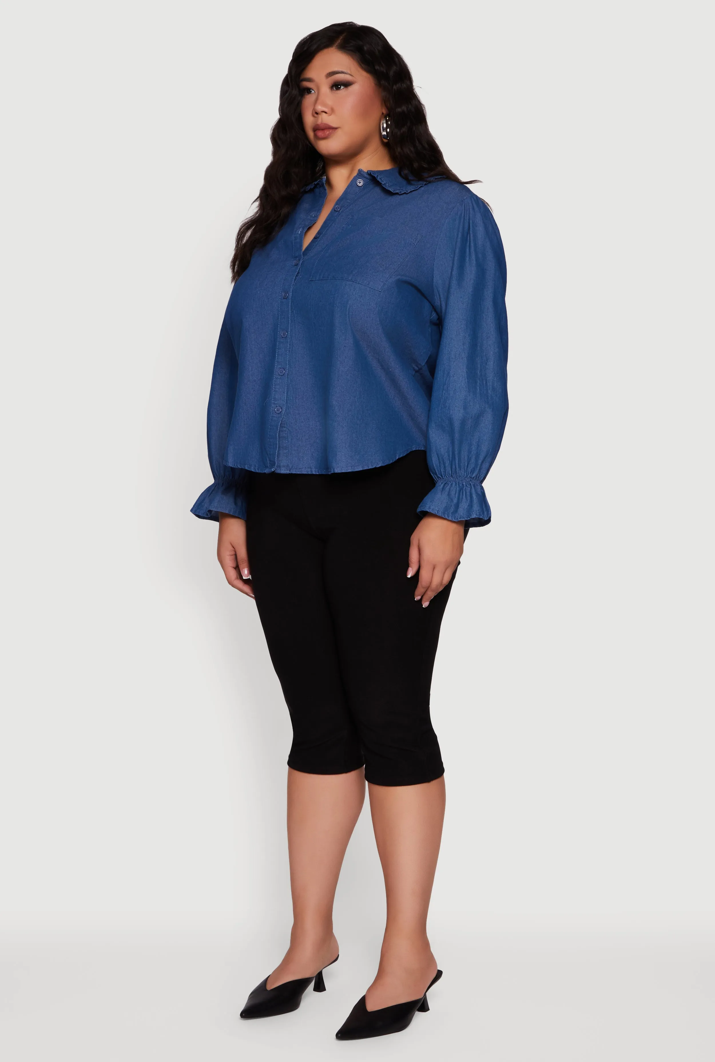 Plus Size Chambray Bell Sleeve Button Front Shirt sold by Rainbow product image thumbnail 5