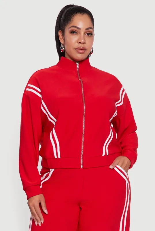 Plus Size Mock Neck Varsity Stripe Detail Track Jacket sold by Rainbow