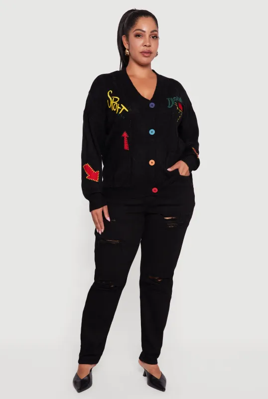 Plus Size Embroidered Patch Button Front Cardigan sold by Rainbow