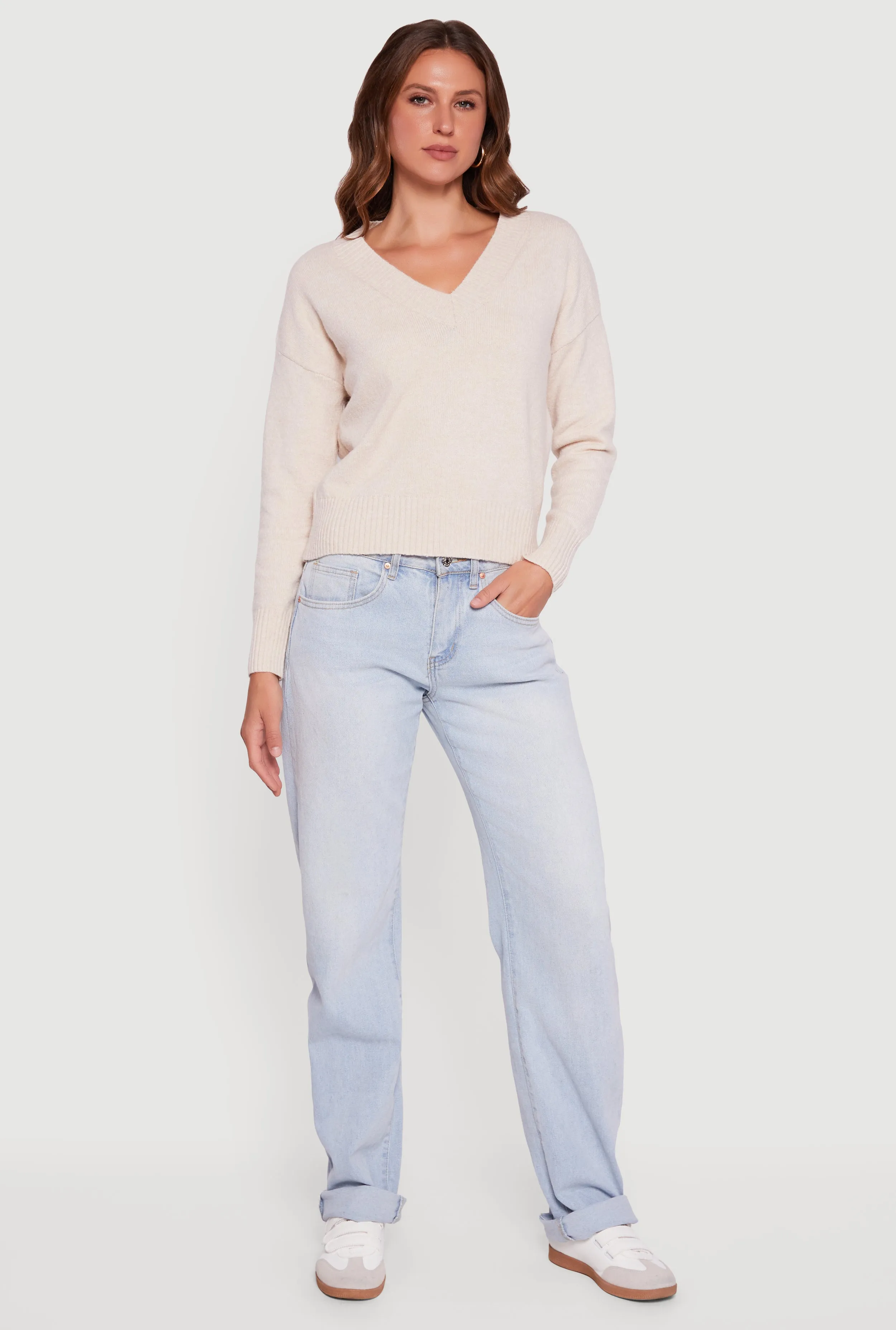 Brushed Knit Long Sleeve V-Neck Sweater sold by Rainbow