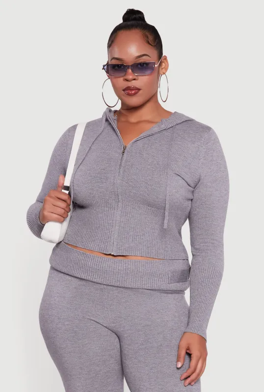 Plus Size Rib Knit Cropped Zip Front Hoodie sold by Rainbow