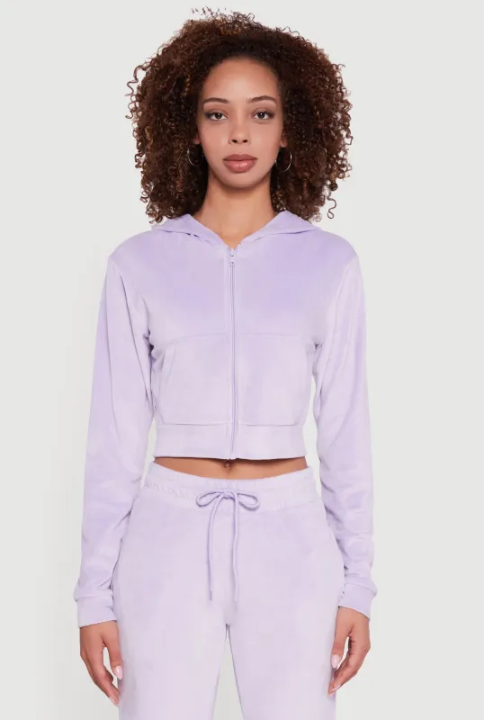 Velour Long Sleeve Cropped Zip Front Hoodie sold by Rainbow