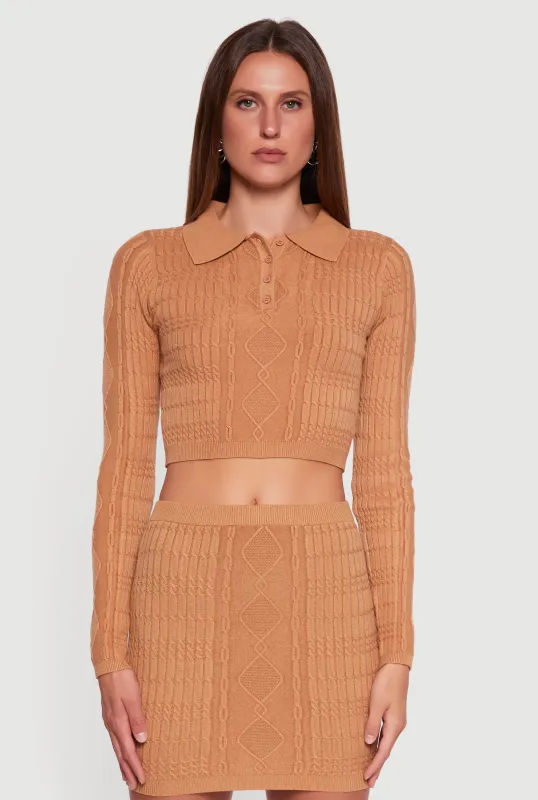 Cable Knit Polo Collar Cropped Sweater sold by Rainbow