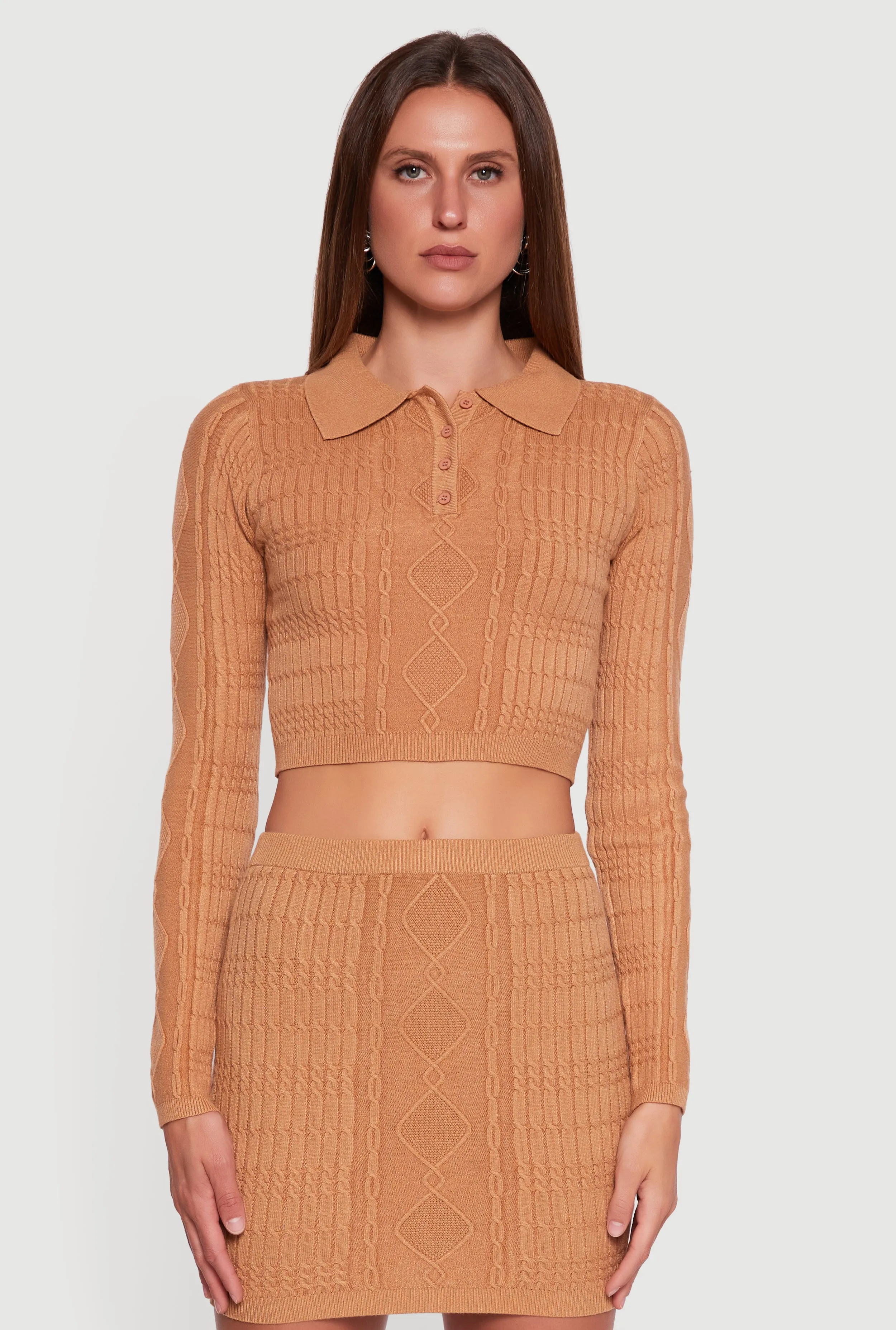 Cable Knit Polo Collar Cropped Sweater sold by Rainbow