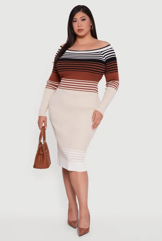 Plus Size Striped Off the Shoulder Midi Sweater Dress sold by Rainbow