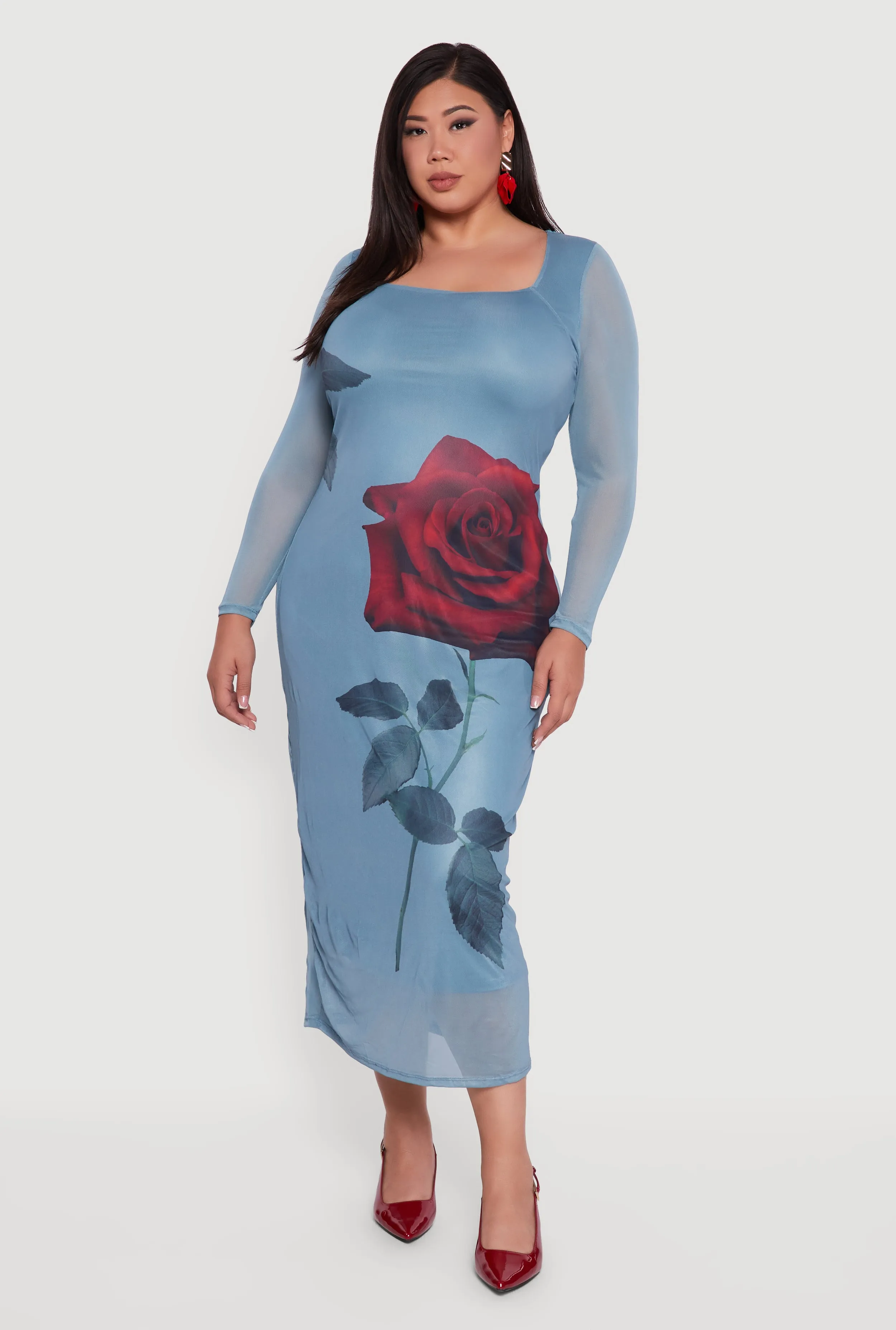Plus Size Almost Famous Mesh Rose Print Maxi Dress sold by Rainbow