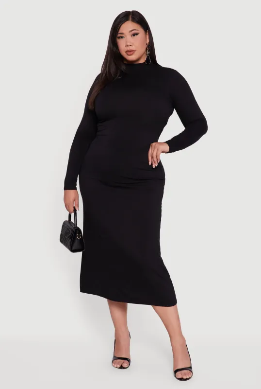 Plus Size Mock Neck Open Tie Back Keyhole Dress sold by Rainbow