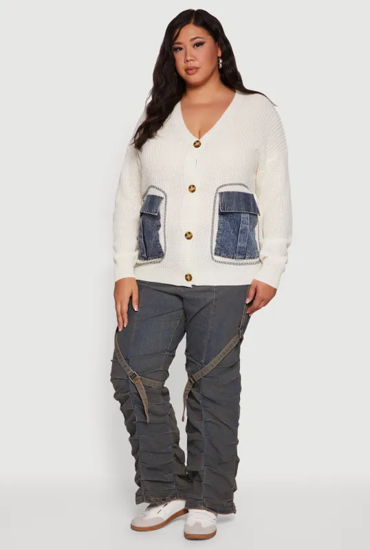 Plus Size Denim Pocket Contrast Trim Button Front Cardigan sold by Rainbow