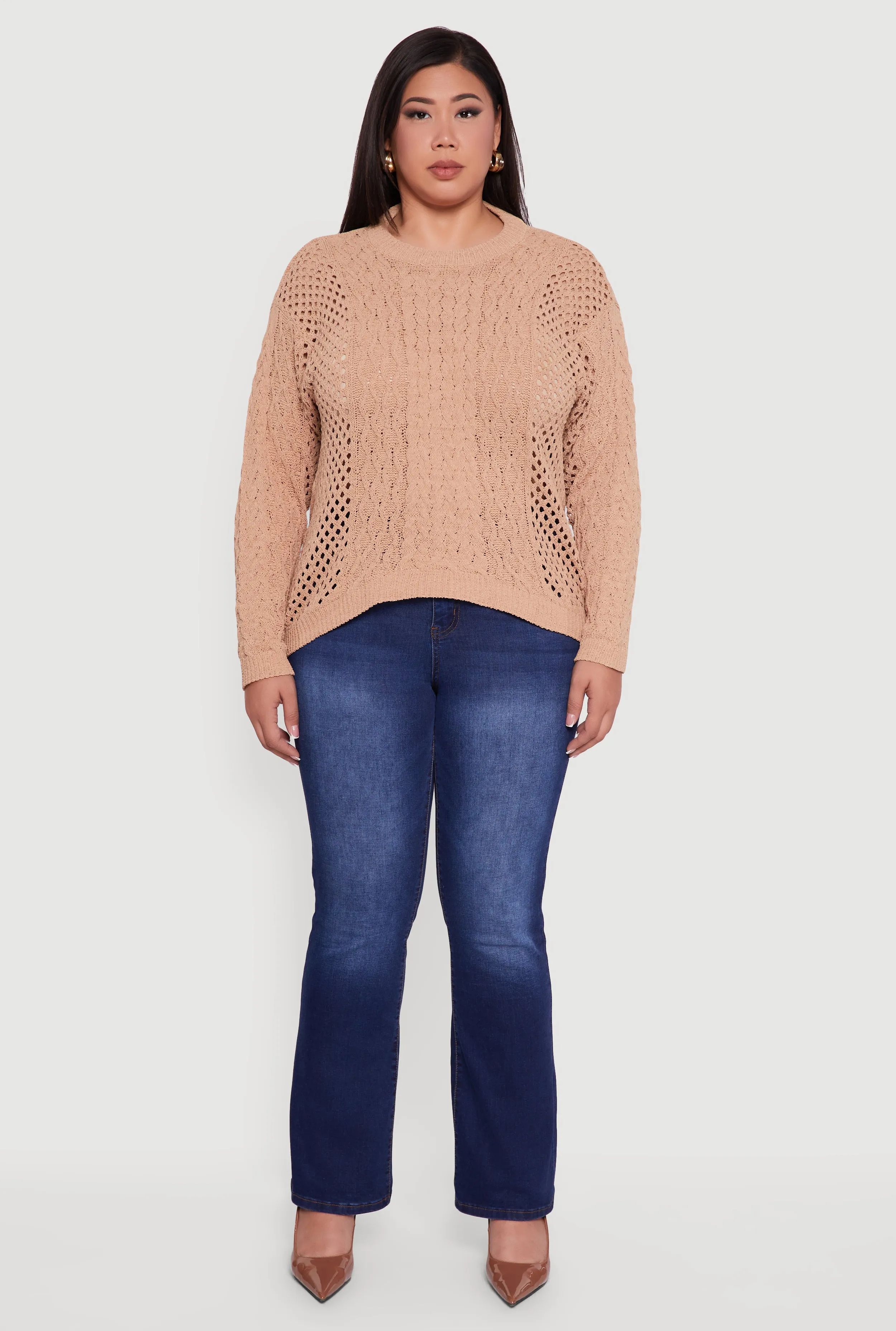 Plus Size Pointelle Cable Knit Long Sleeve Pullover Sweater sold by Rainbow