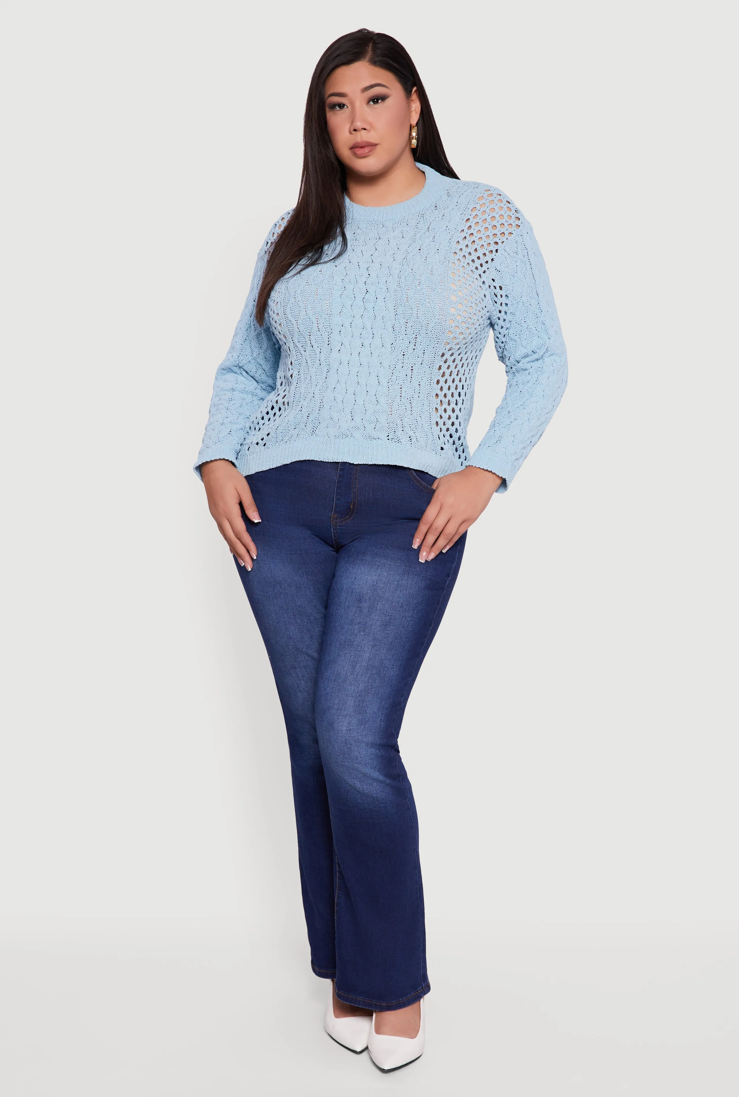 Plus Size Pointelle Cable Knit Long Sleeve Pullover Sweater sold by Rainbow