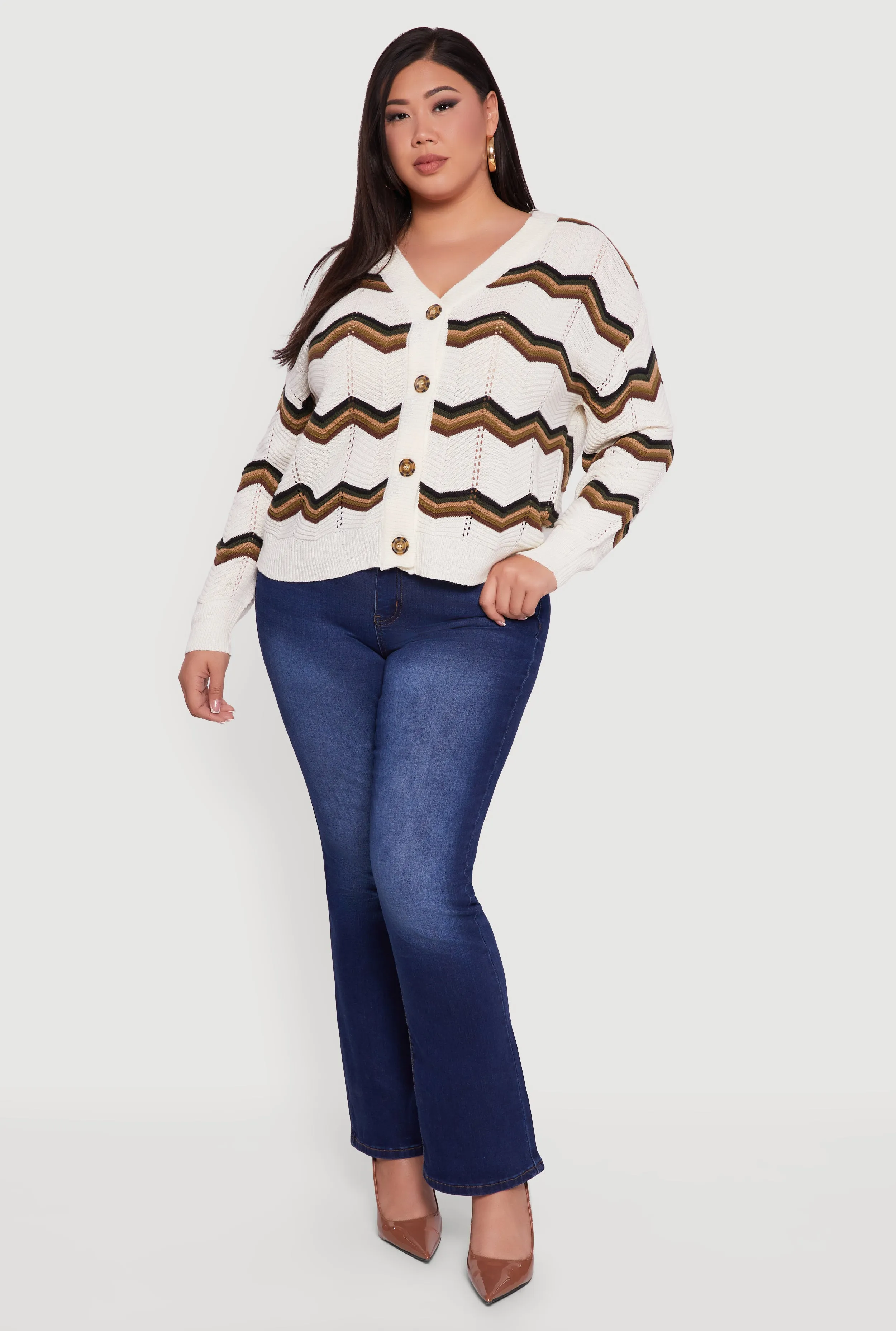 Plus Size Pointelle Knit Chevron V Neck Button Front Cardigan sold by Rainbow