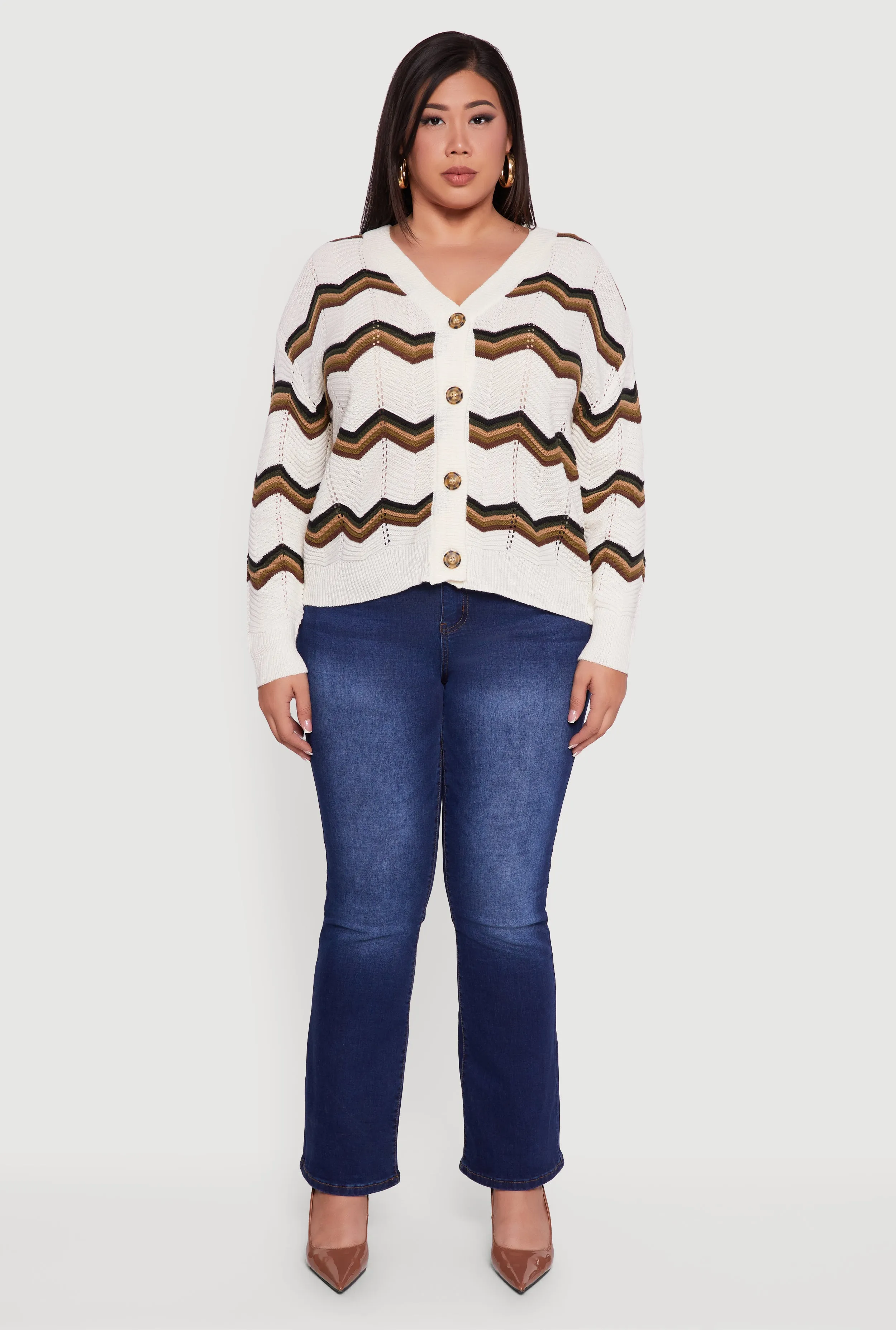 Plus Size Pointelle Knit Chevron V Neck Button Front Cardigan sold by Rainbow product image thumbnail 3
