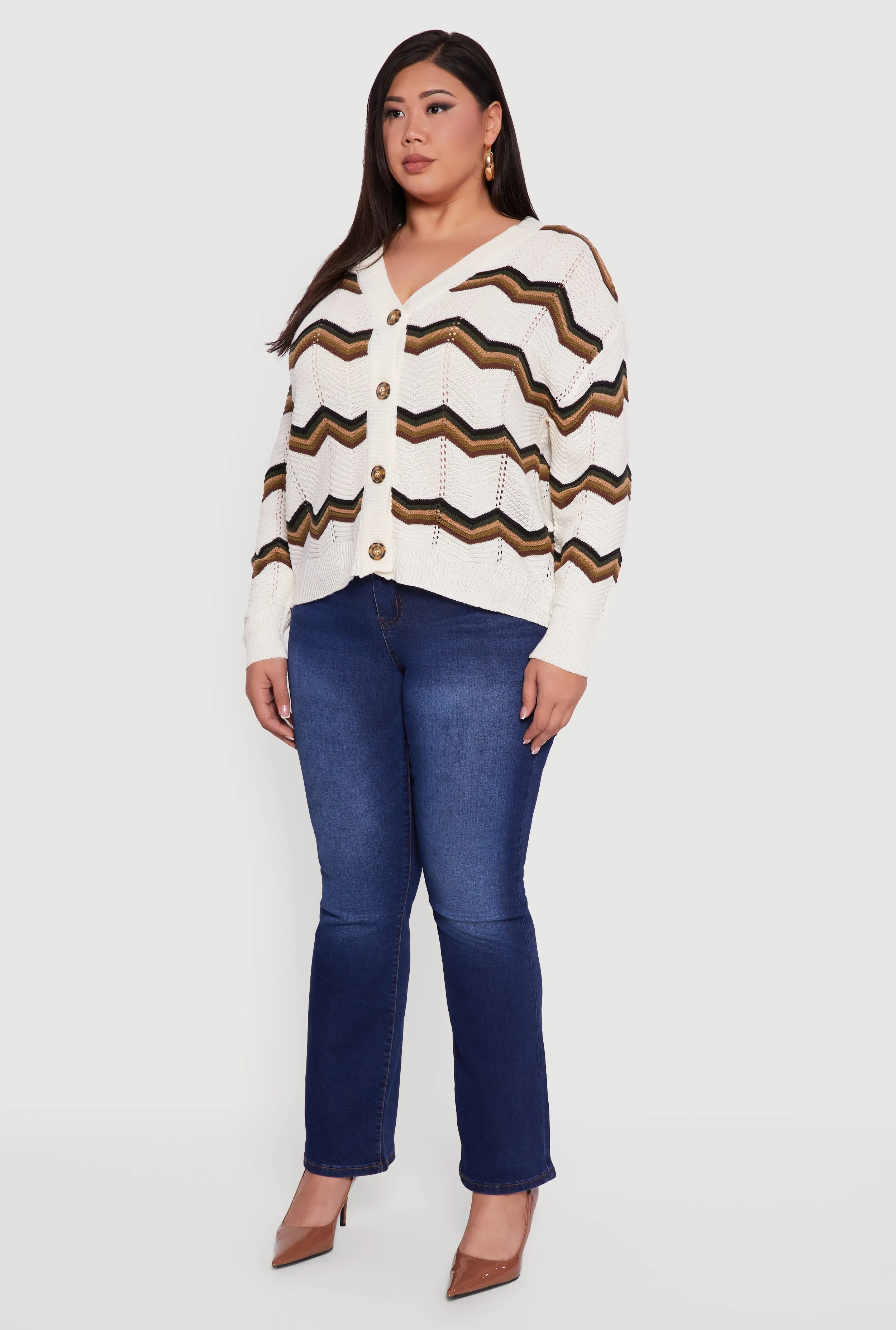 Plus Size Pointelle Knit Chevron V Neck Button Front Cardigan sold by Rainbow product image thumbnail 5