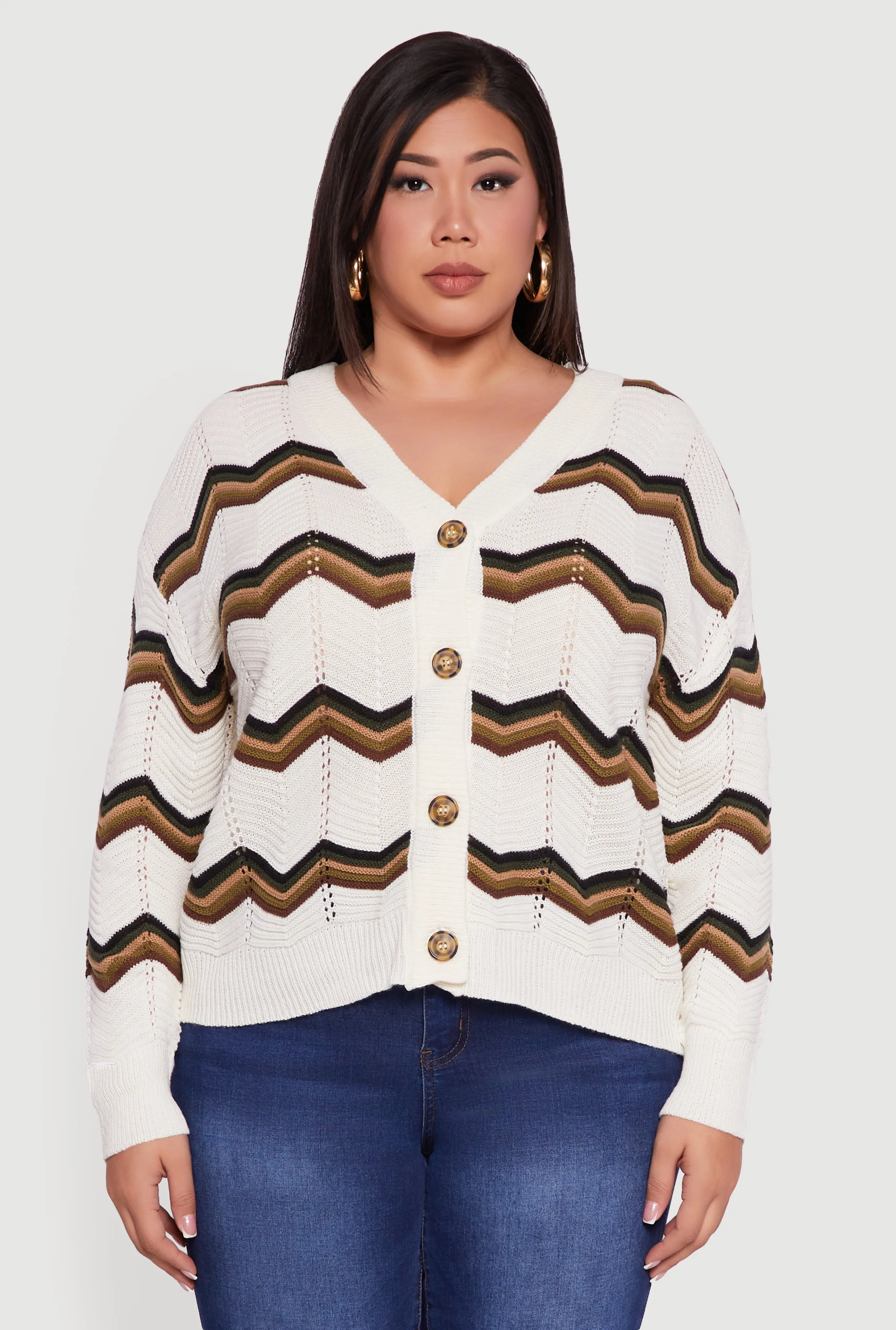 Plus Size Pointelle Knit Chevron V Neck Button Front Cardigan sold by Rainbow product image thumbnail 2