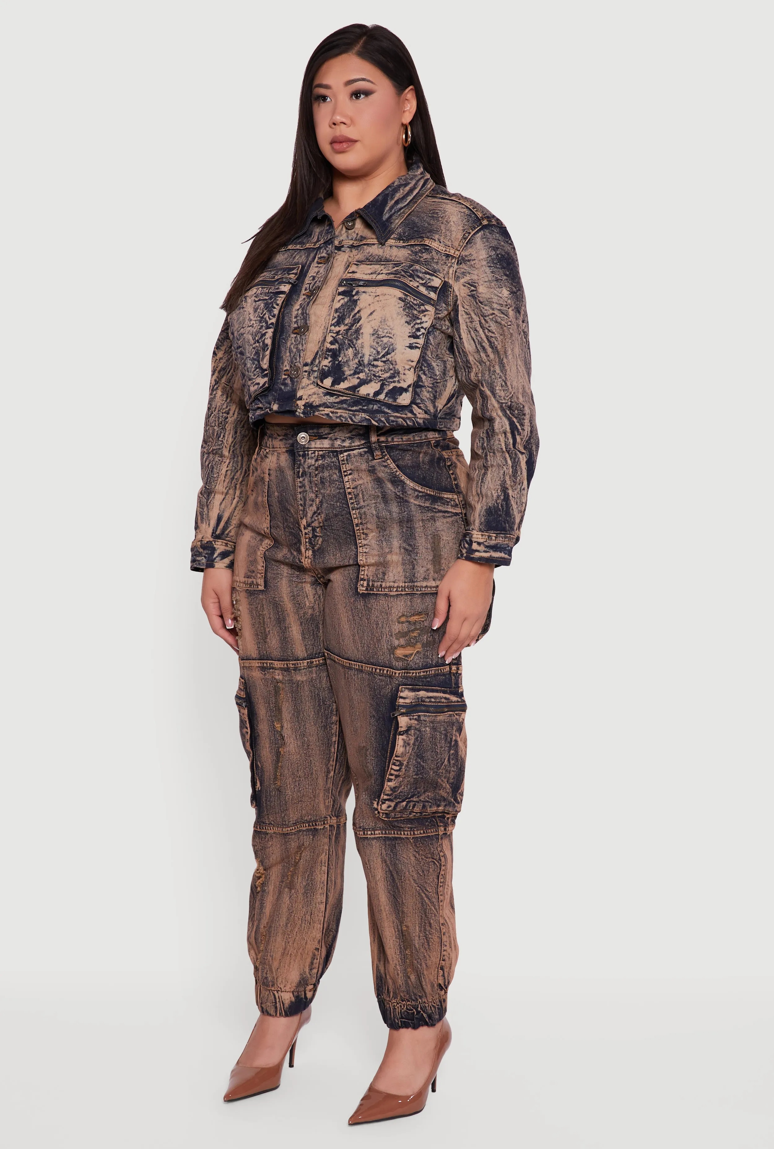 Plus Size Acid Wash Button Front Long Sleeve Denim Jacket sold by Rainbow product image thumbnail 5