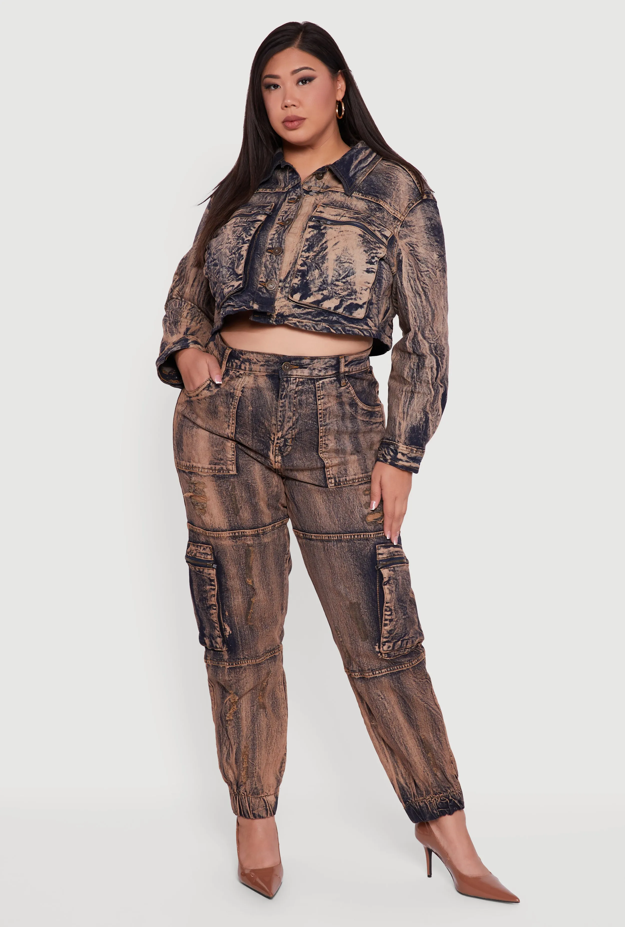 Plus Size Acid Wash Button Front Long Sleeve Denim Jacket sold by Rainbow product image thumbnail 3