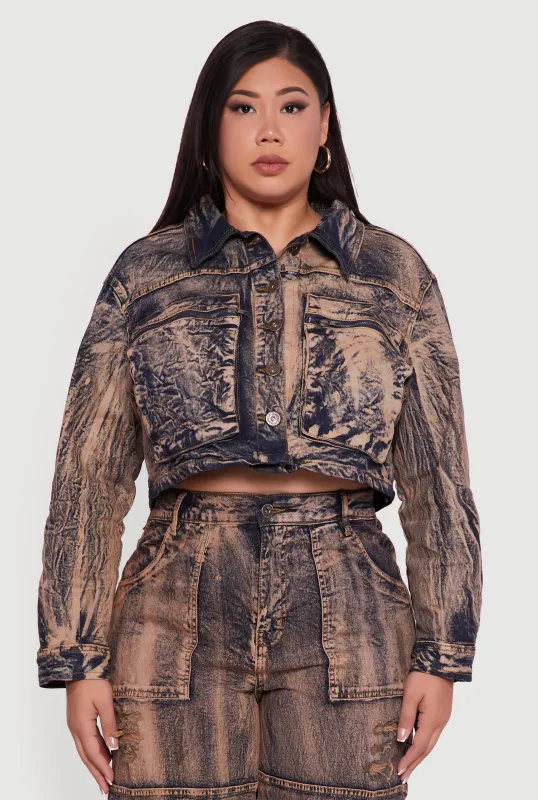 Plus Size Acid Wash Button Front Long Sleeve Denim Jacket sold by Rainbow