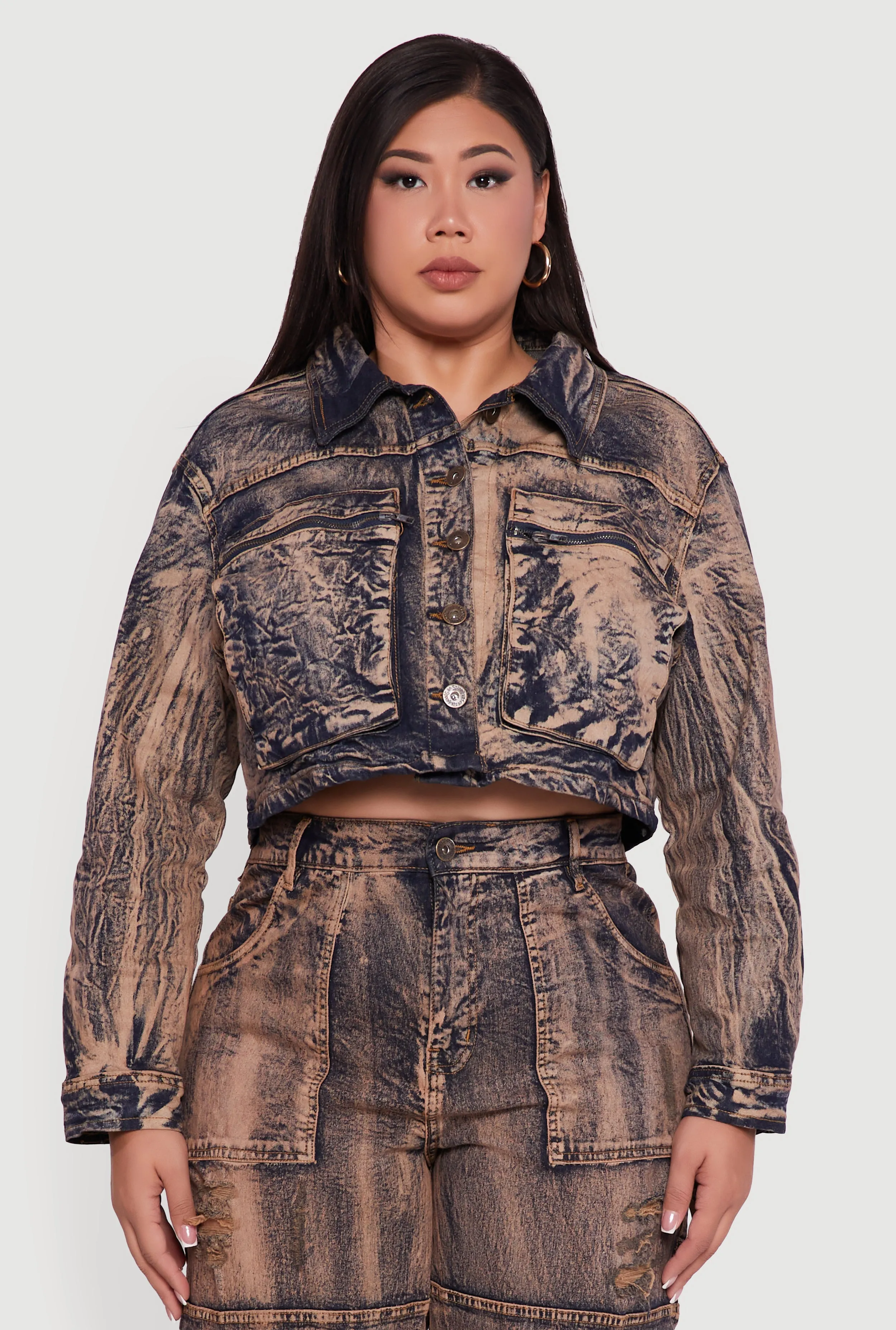 Plus Size Acid Wash Button Front Long Sleeve Denim Jacket sold by Rainbow