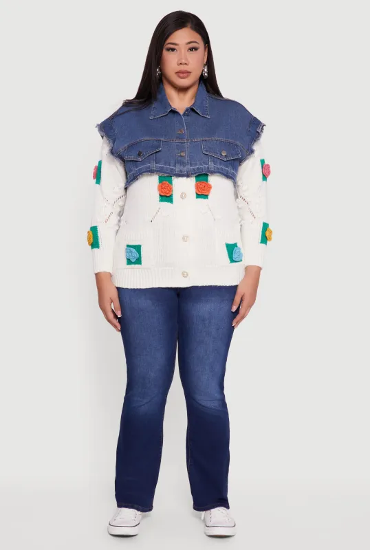 Plus Size Crochet Flower Layered Sweater Denim Jacket sold by Rainbow