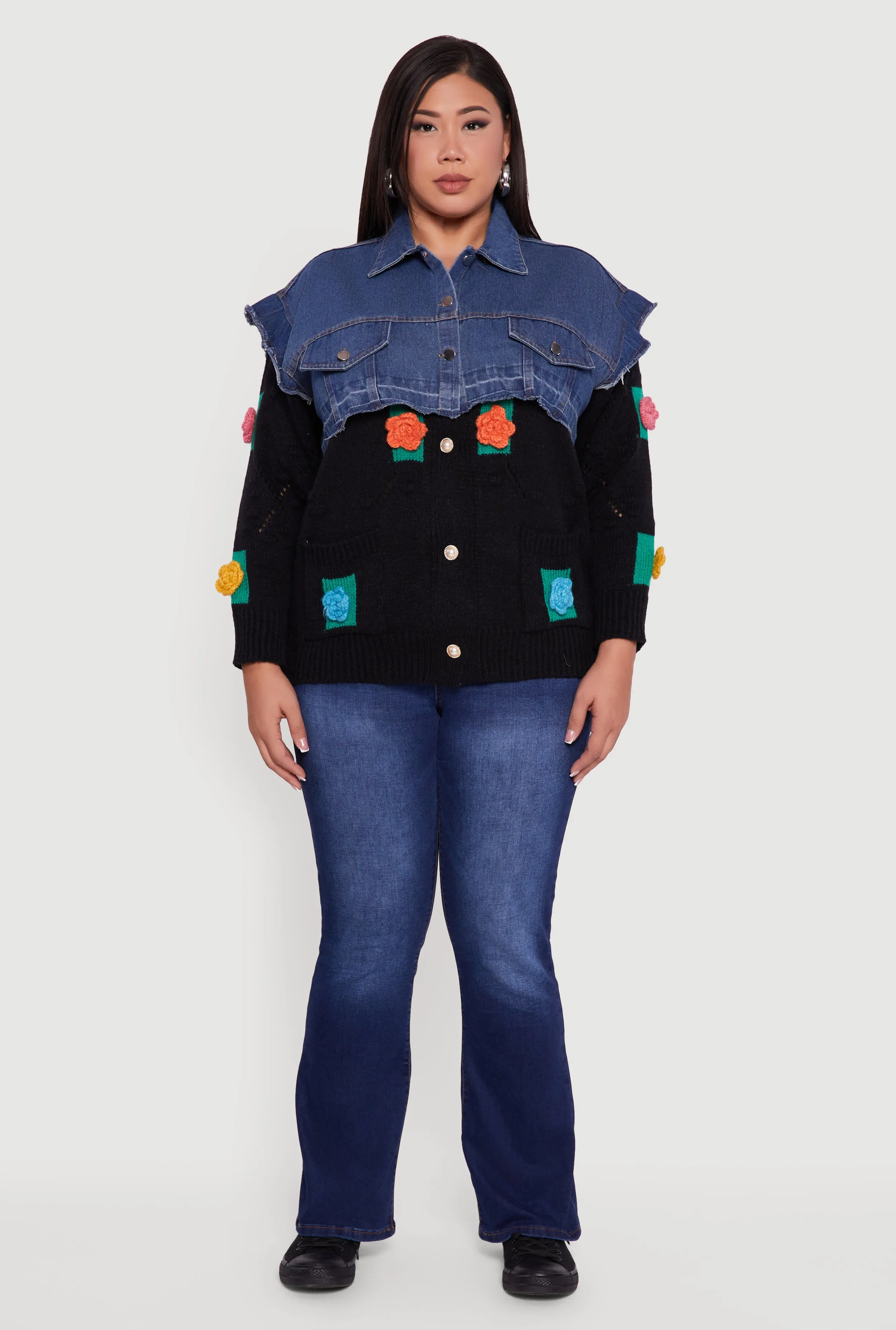 Plus Size Crochet Flower Layered Sweater Denim Jacket sold by Rainbow product image thumbnail 3